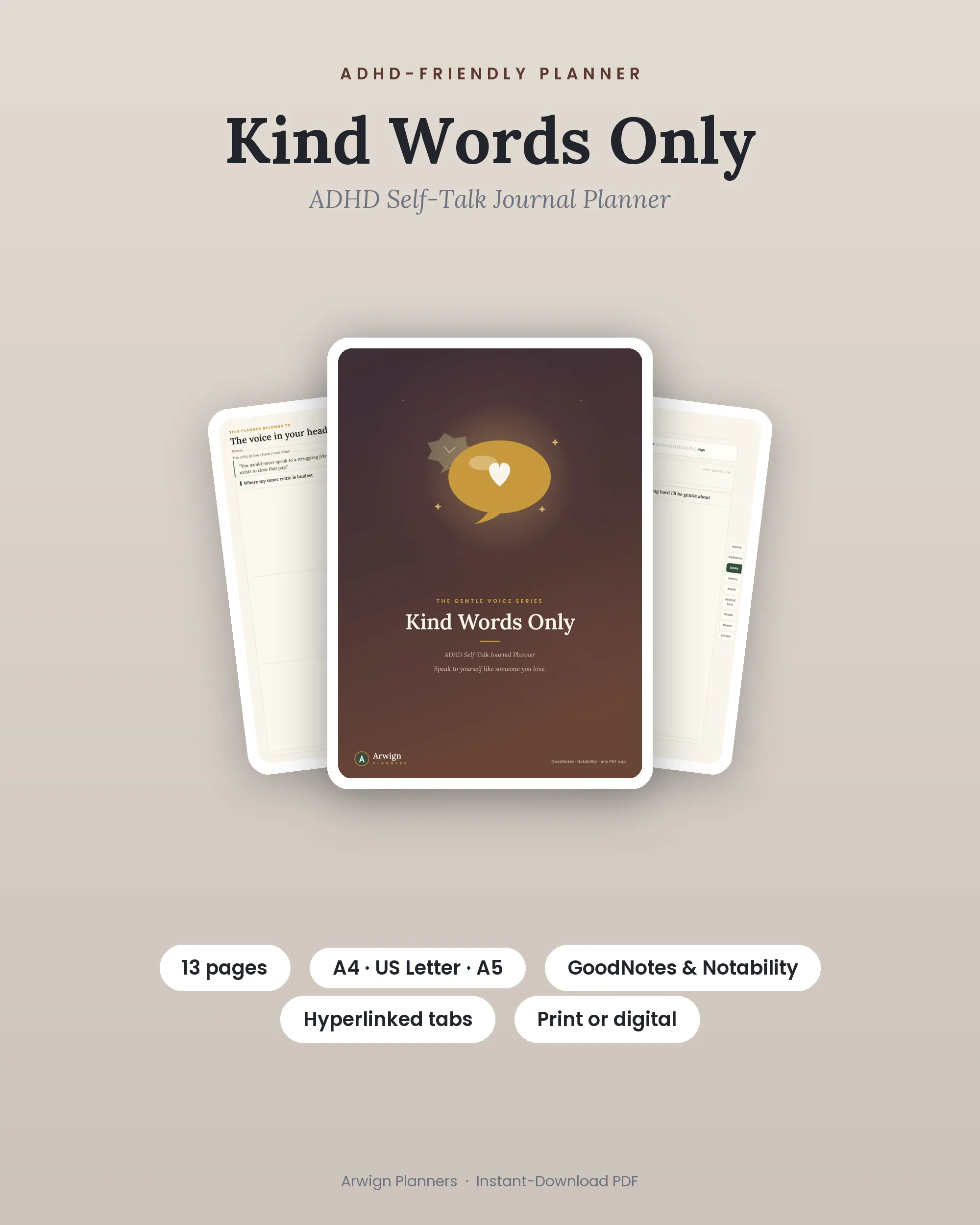 Kind Words Only — ADHD Self-Talk Journal Planner cover