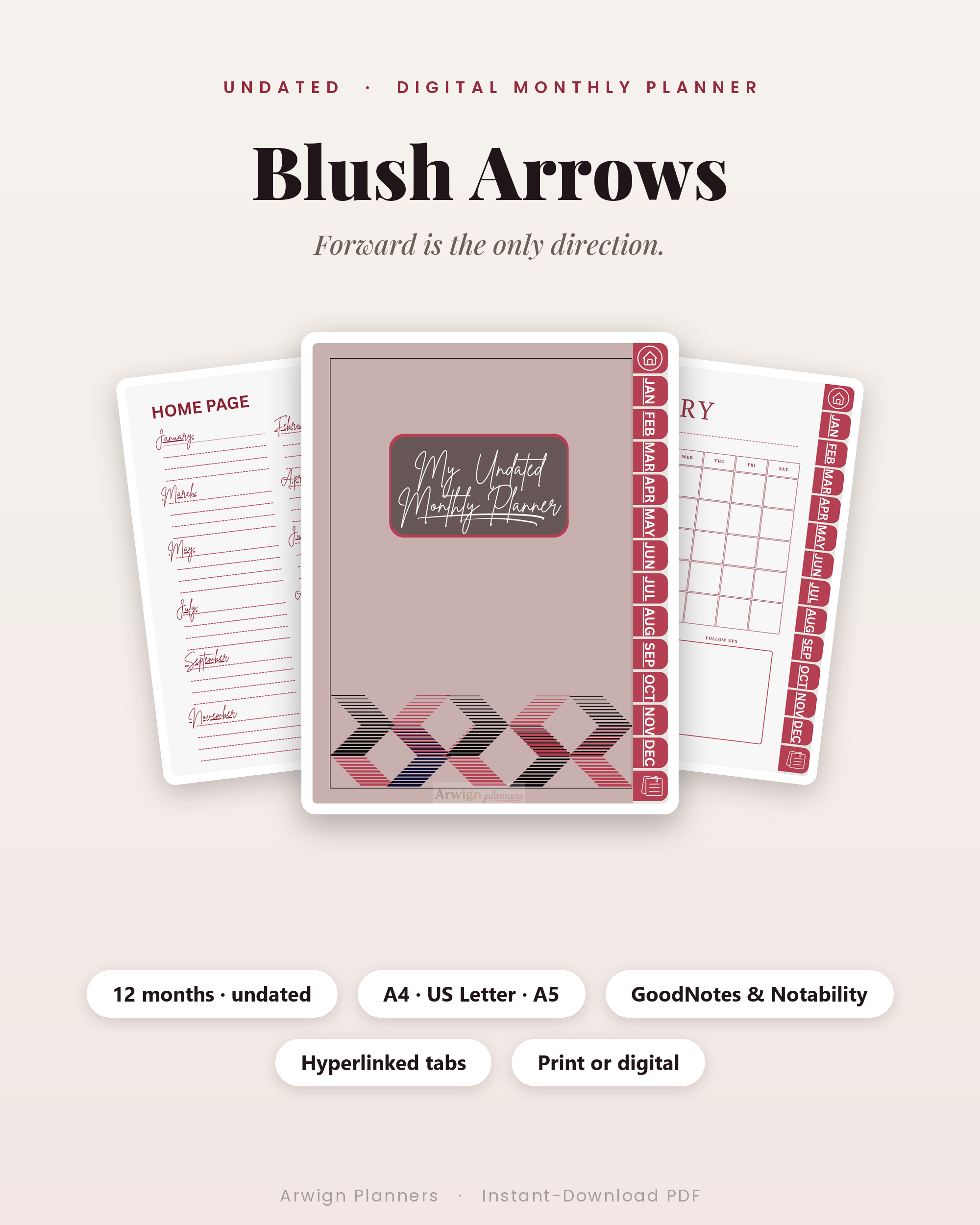Undated Digital Monthly Planner — Blush Arrows Edition cover
