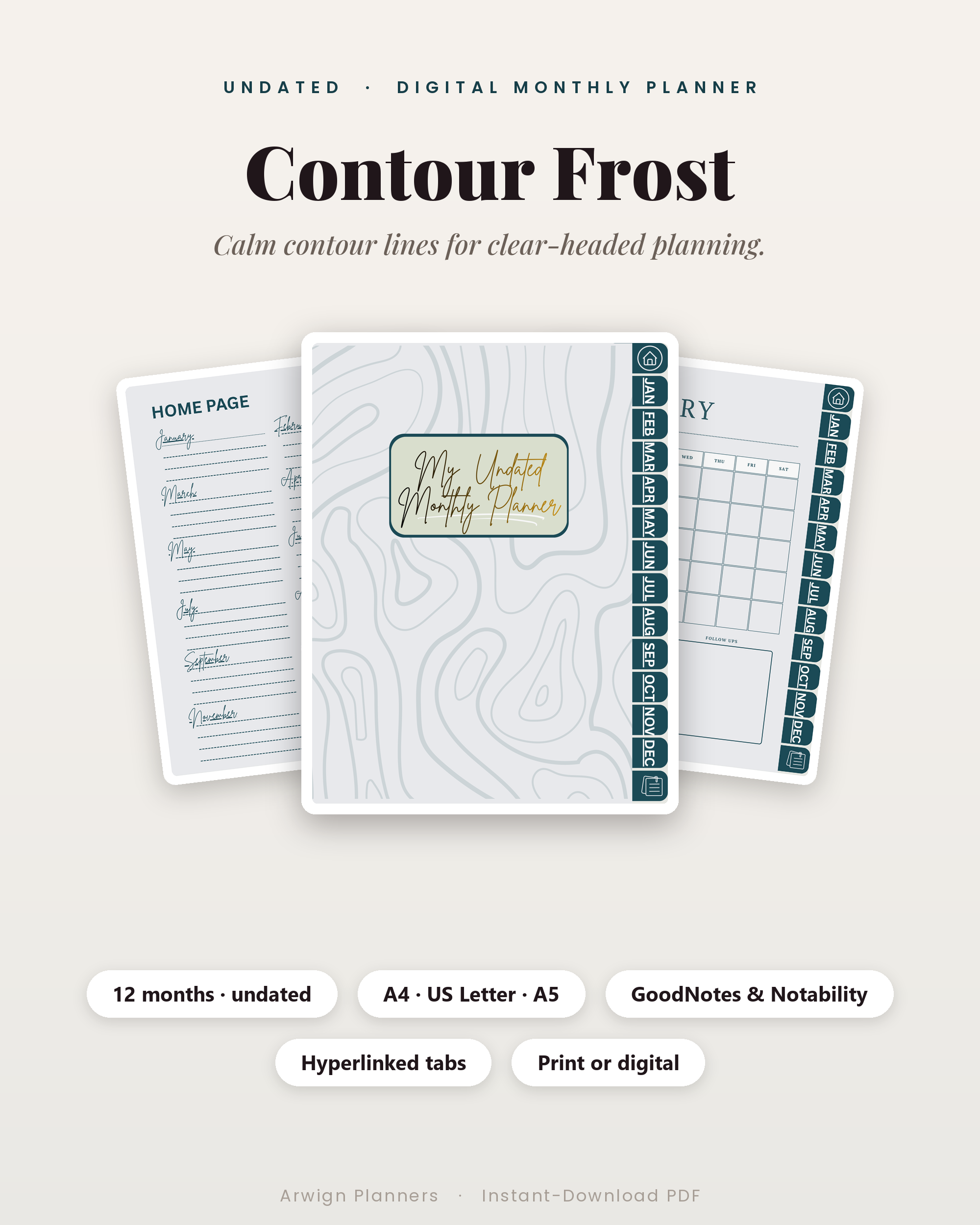 Undated Digital Monthly Planner — Contour Frost Edition — premium digital planner