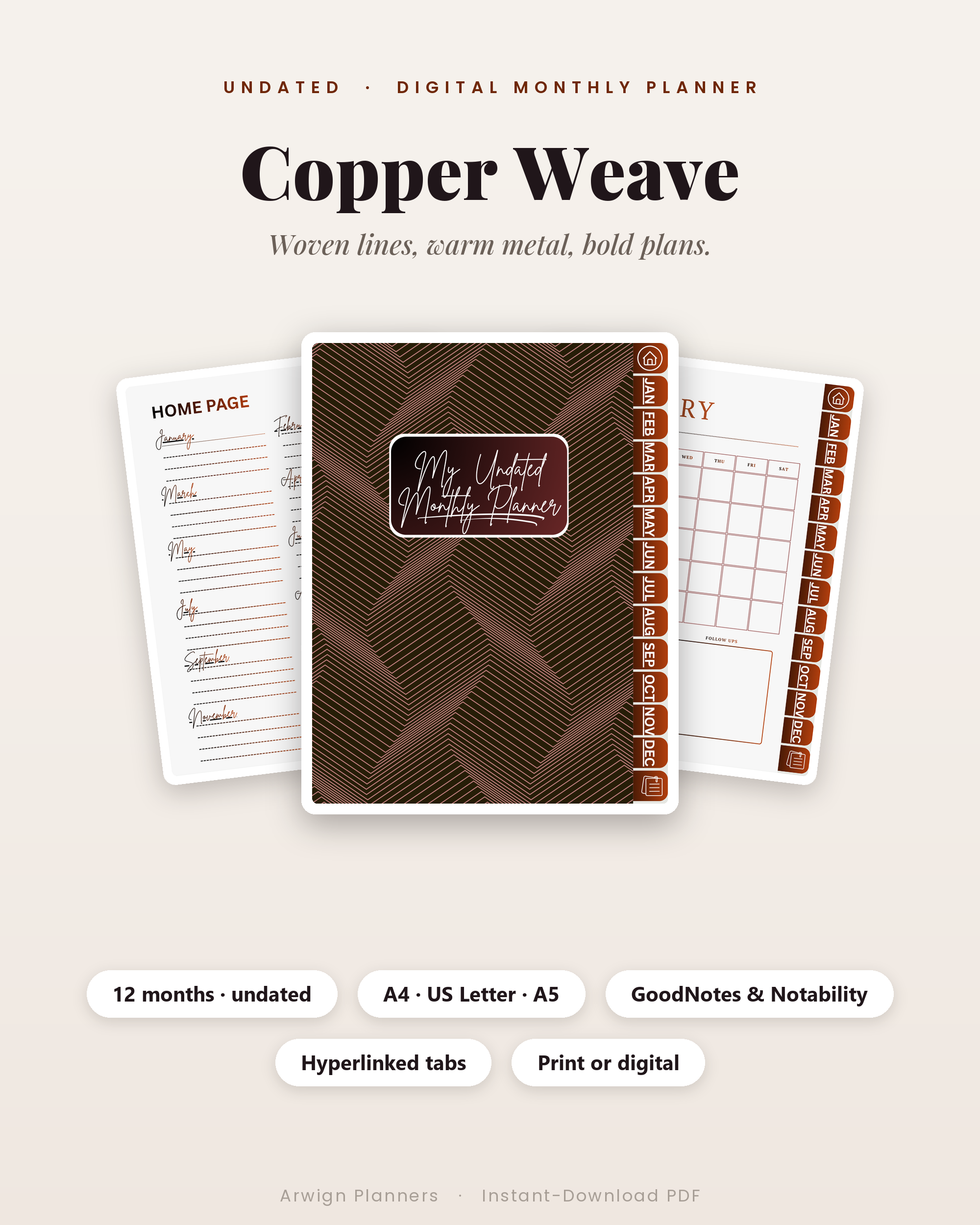 Undated Digital Monthly Planner — Copper Weave Edition cover