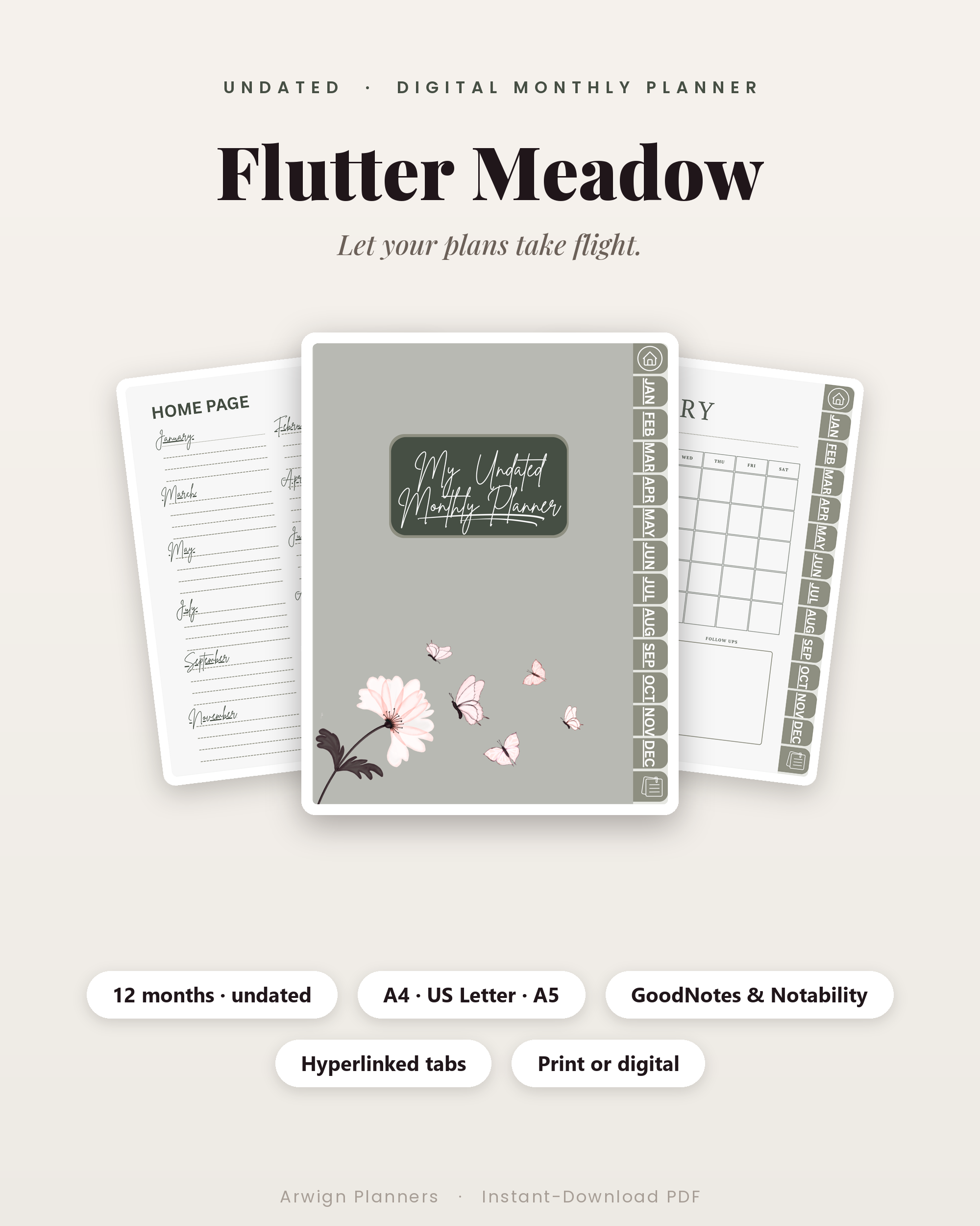Undated Digital Monthly Planner — Flutter Meadow Edition cover