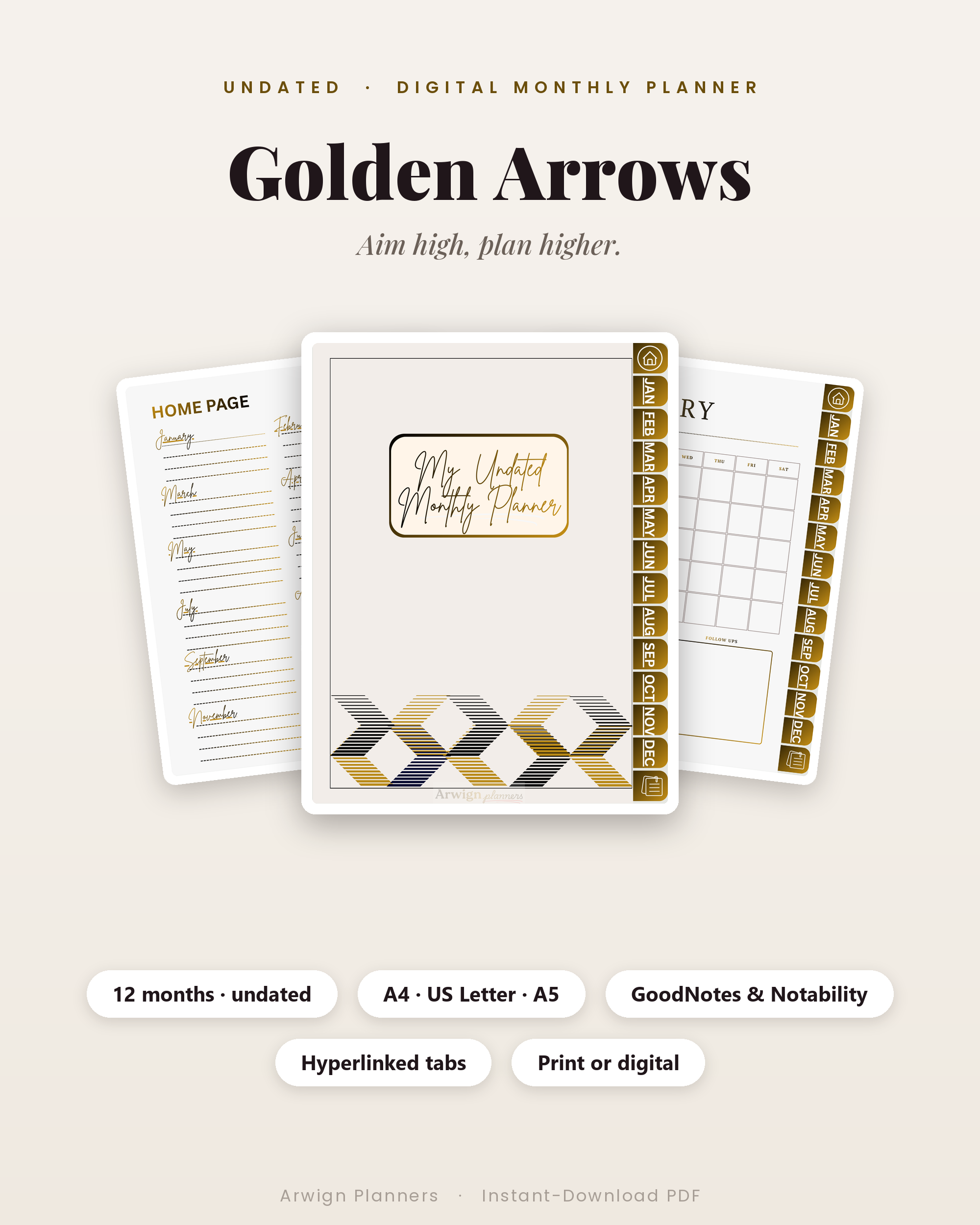 Undated Digital Monthly Planner — Golden Arrows Edition cover