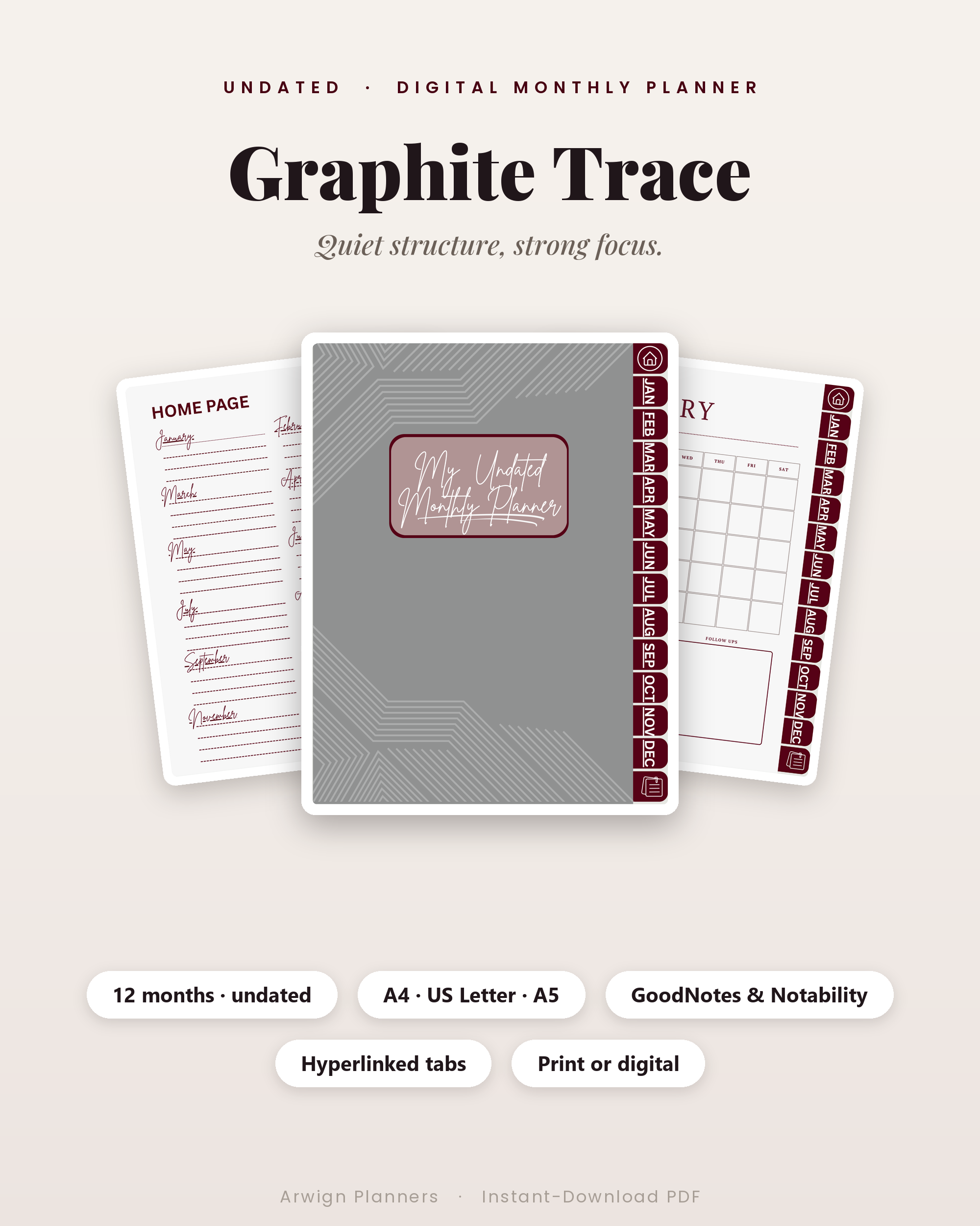Undated Digital Monthly Planner — Graphite Trace Edition cover
