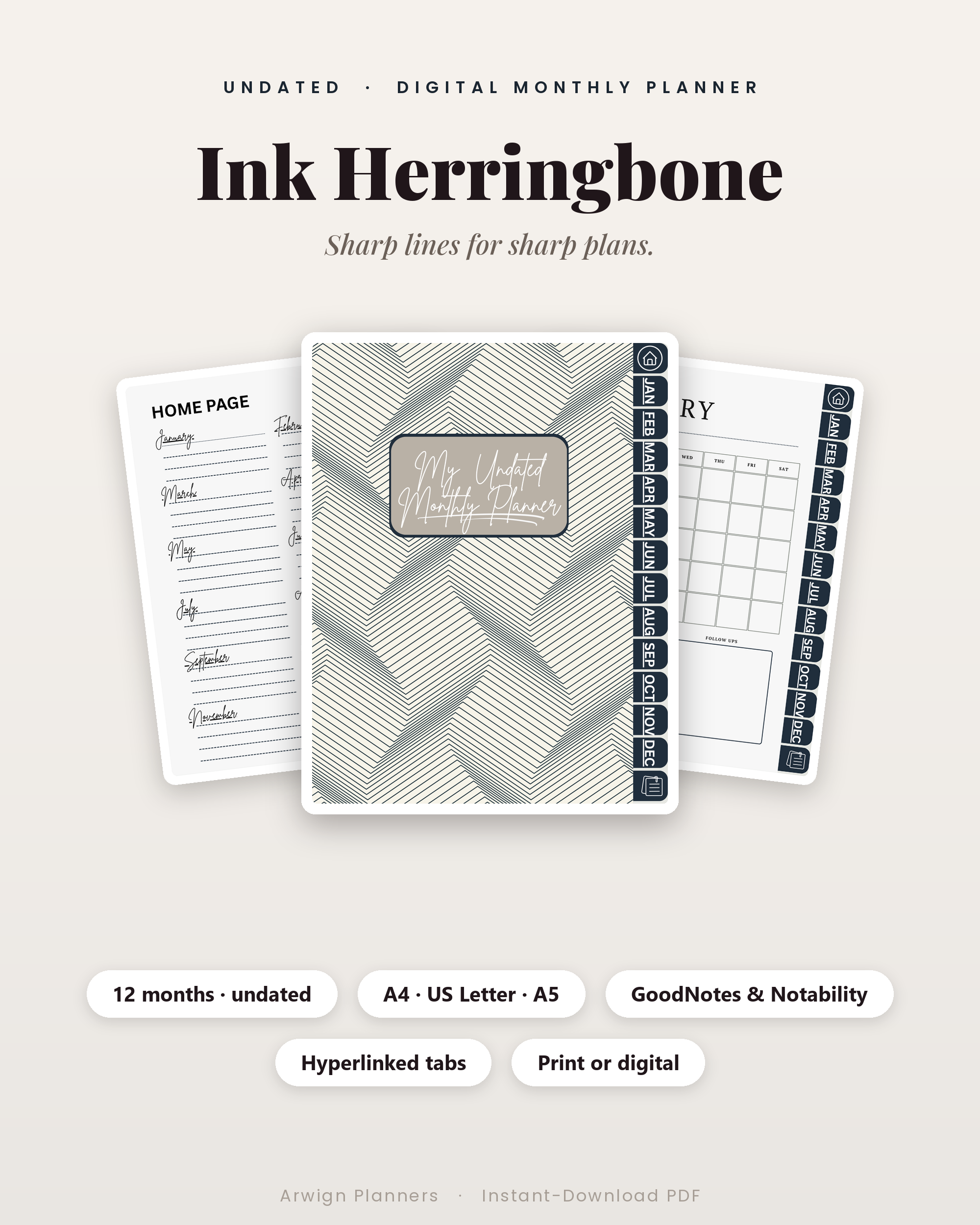 Undated Digital Monthly Planner — Ink Herringbone Edition cover