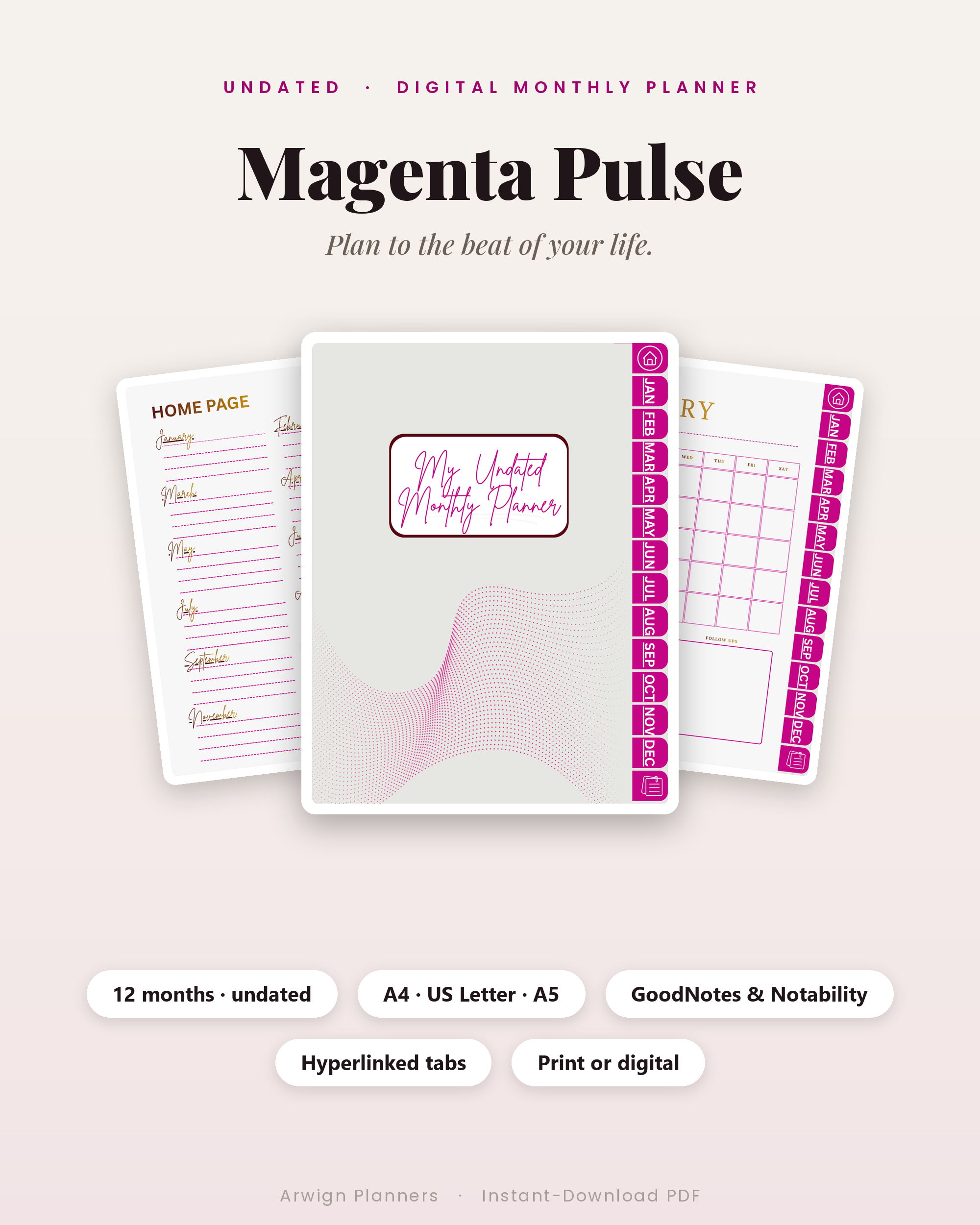 Undated Digital Monthly Planner — Magenta Pulse Edition cover