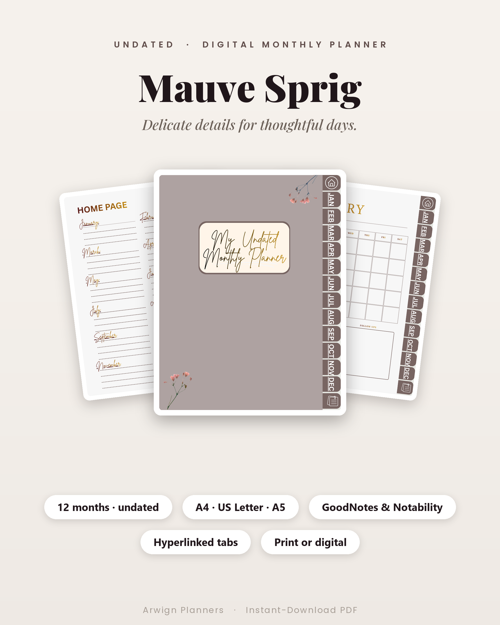 Undated Digital Monthly Planner — Mauve Sprig Edition cover
