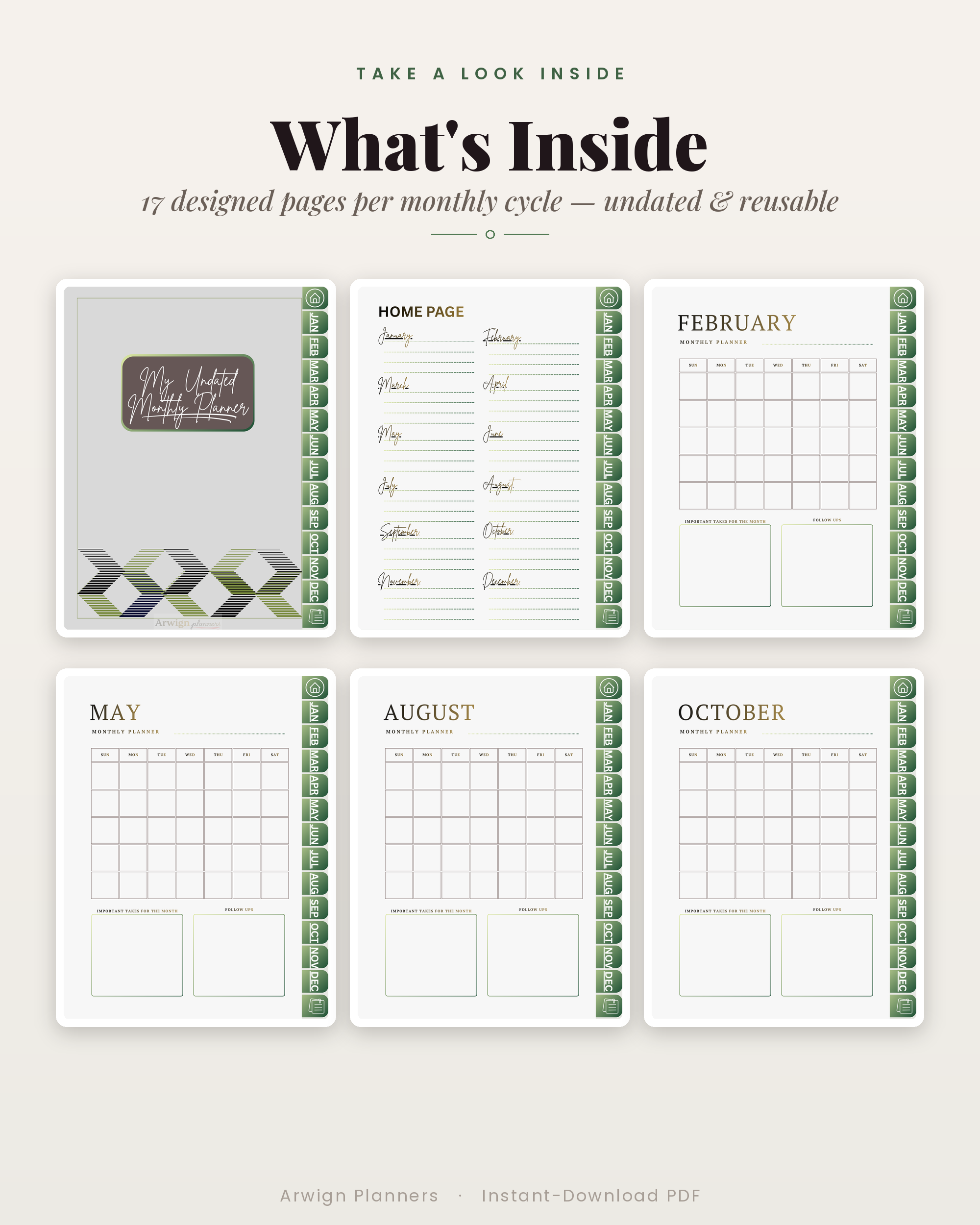 Undated Digital Monthly Planner — Olive Arrows Edition — image 2