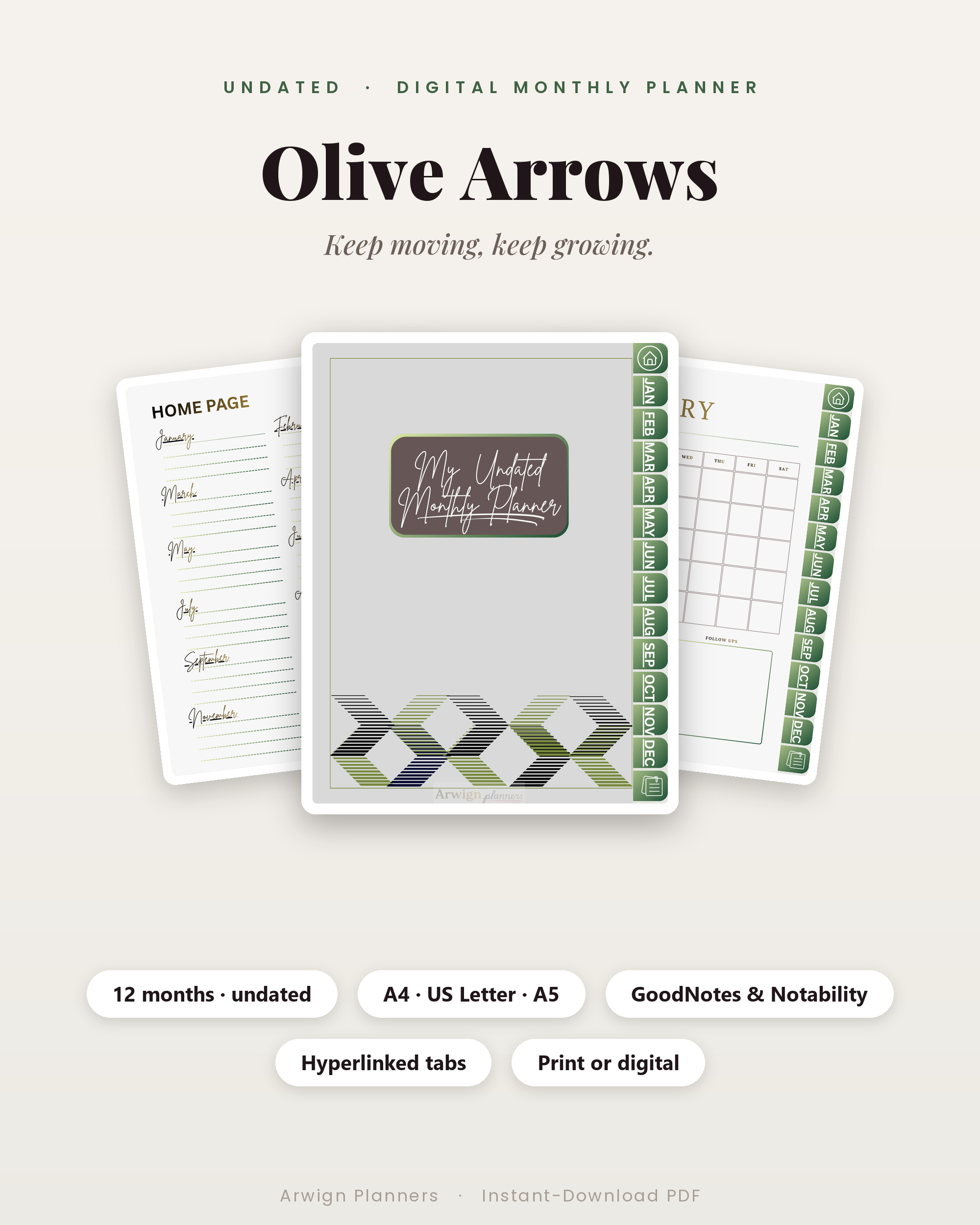 Undated Digital Monthly Planner — Olive Arrows Edition cover