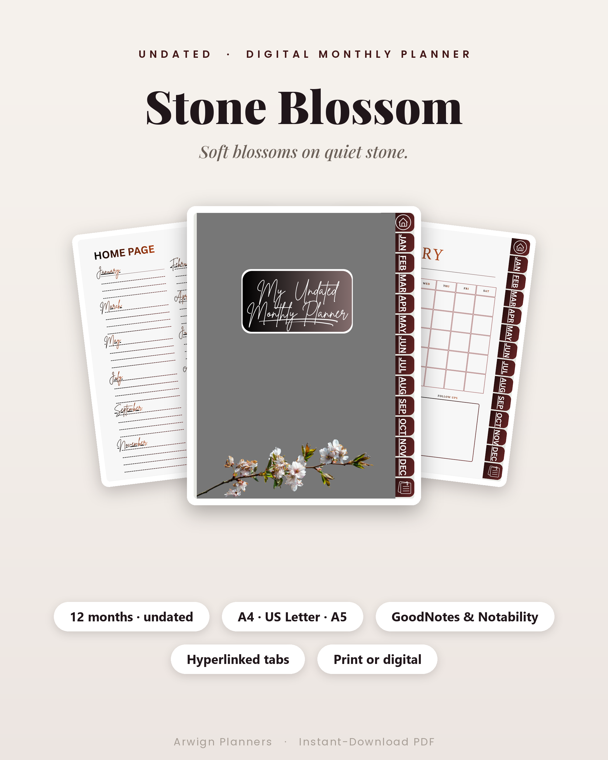 Undated Digital Monthly Planner — Stone Blossom Edition — premium digital planner