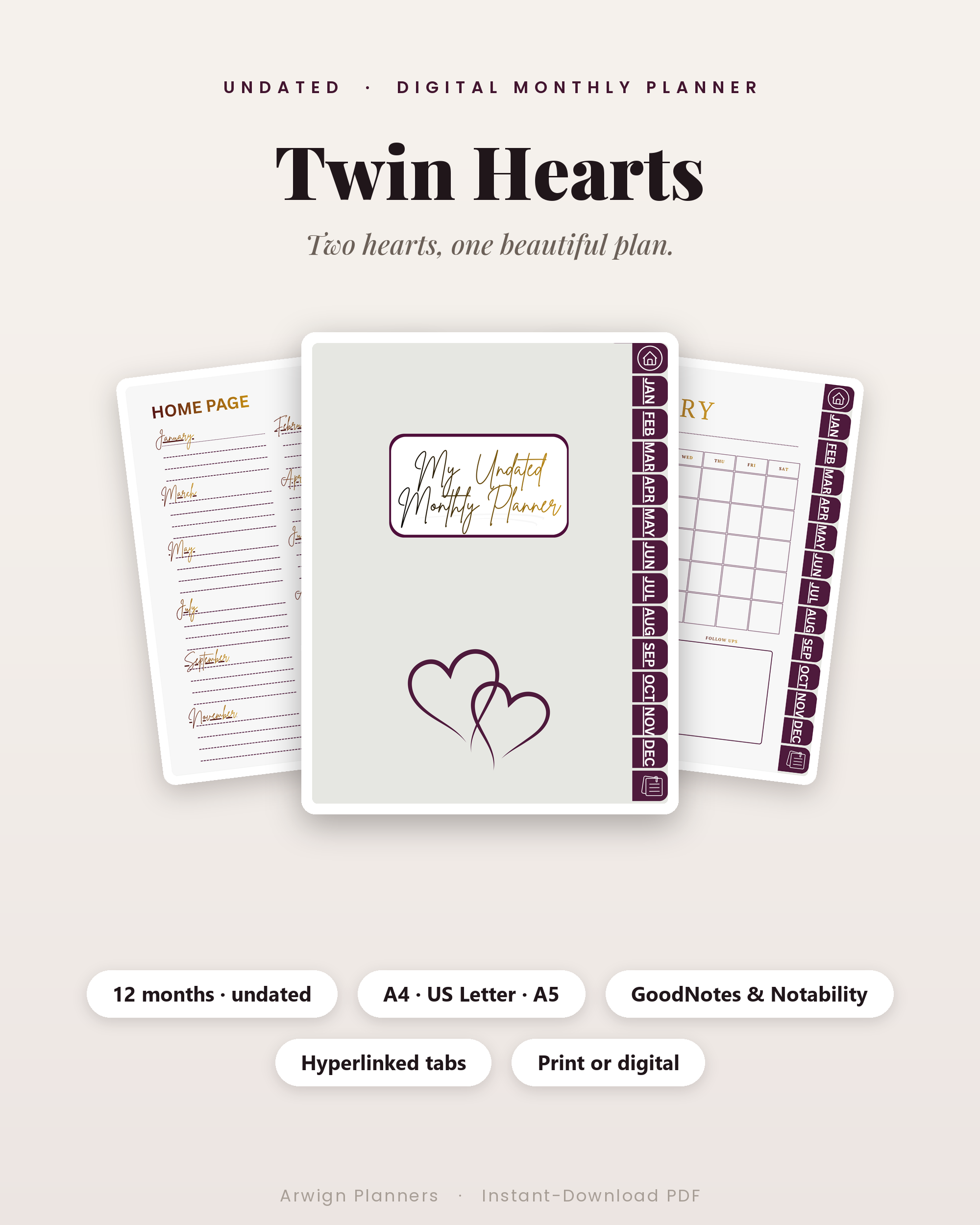 Undated Digital Monthly Planner — Twin Hearts Edition — premium digital planner