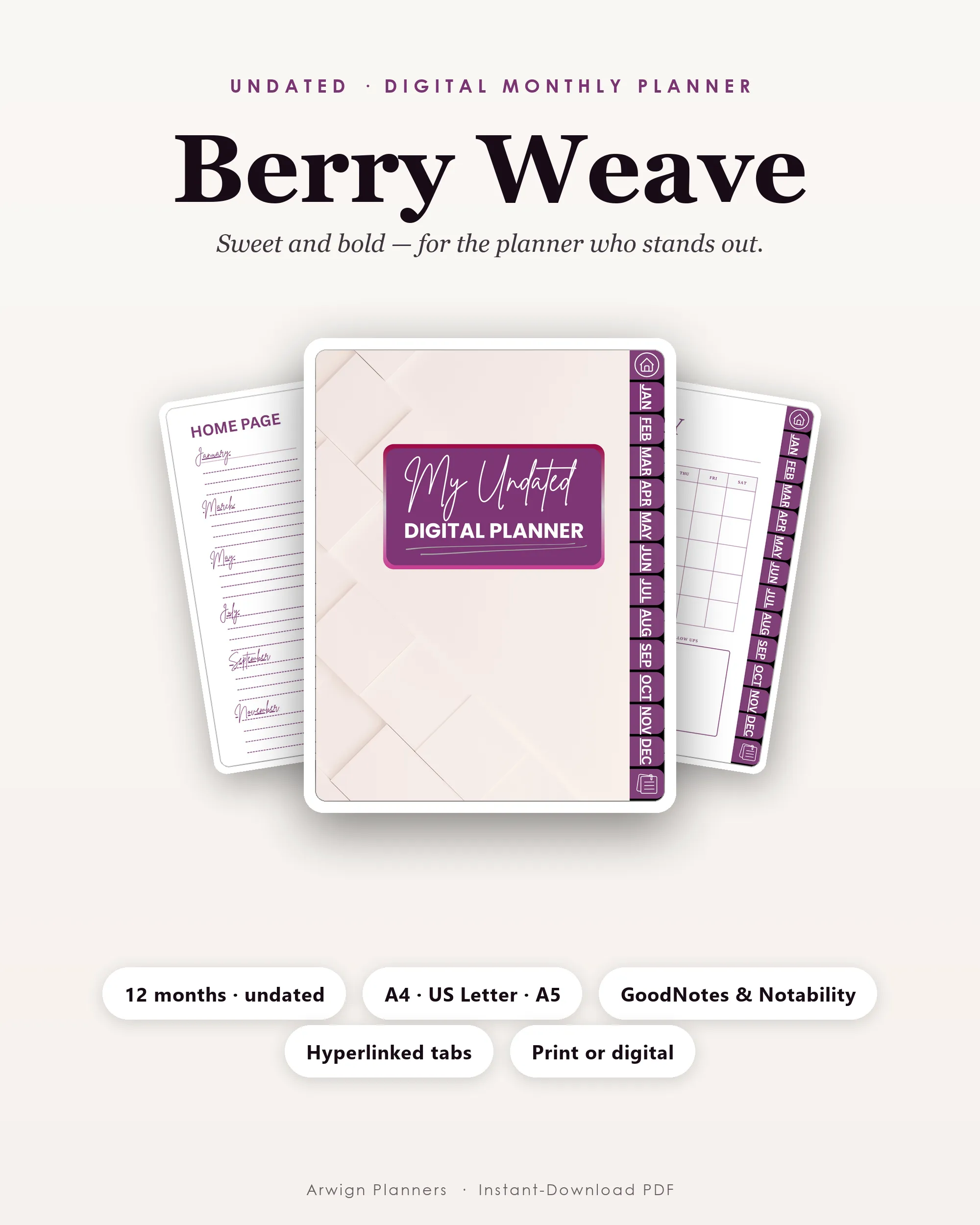 Undated Digital Monthly Planner — Berry Weave cover
