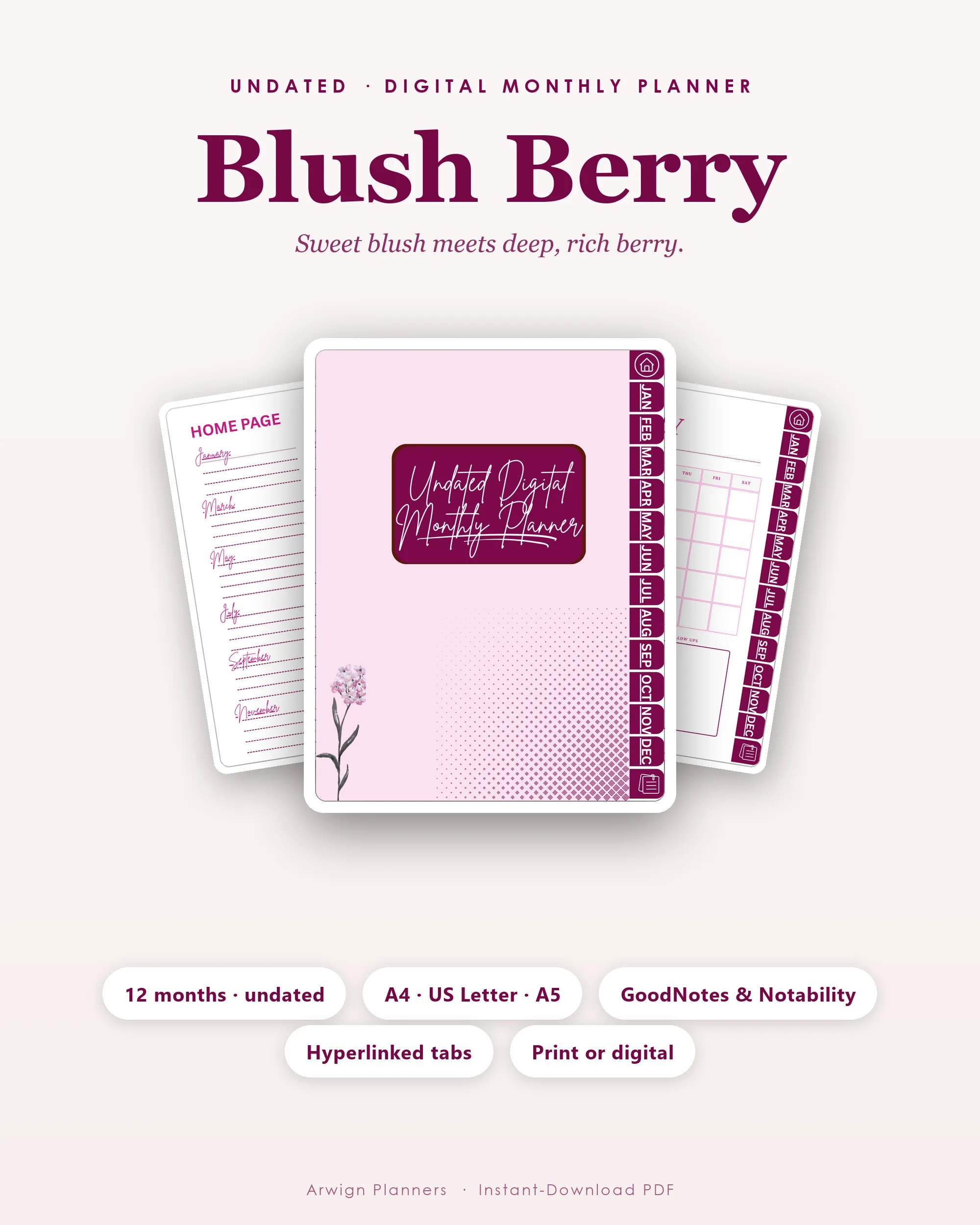 Undated Digital Monthly Planner — Blush Berry cover