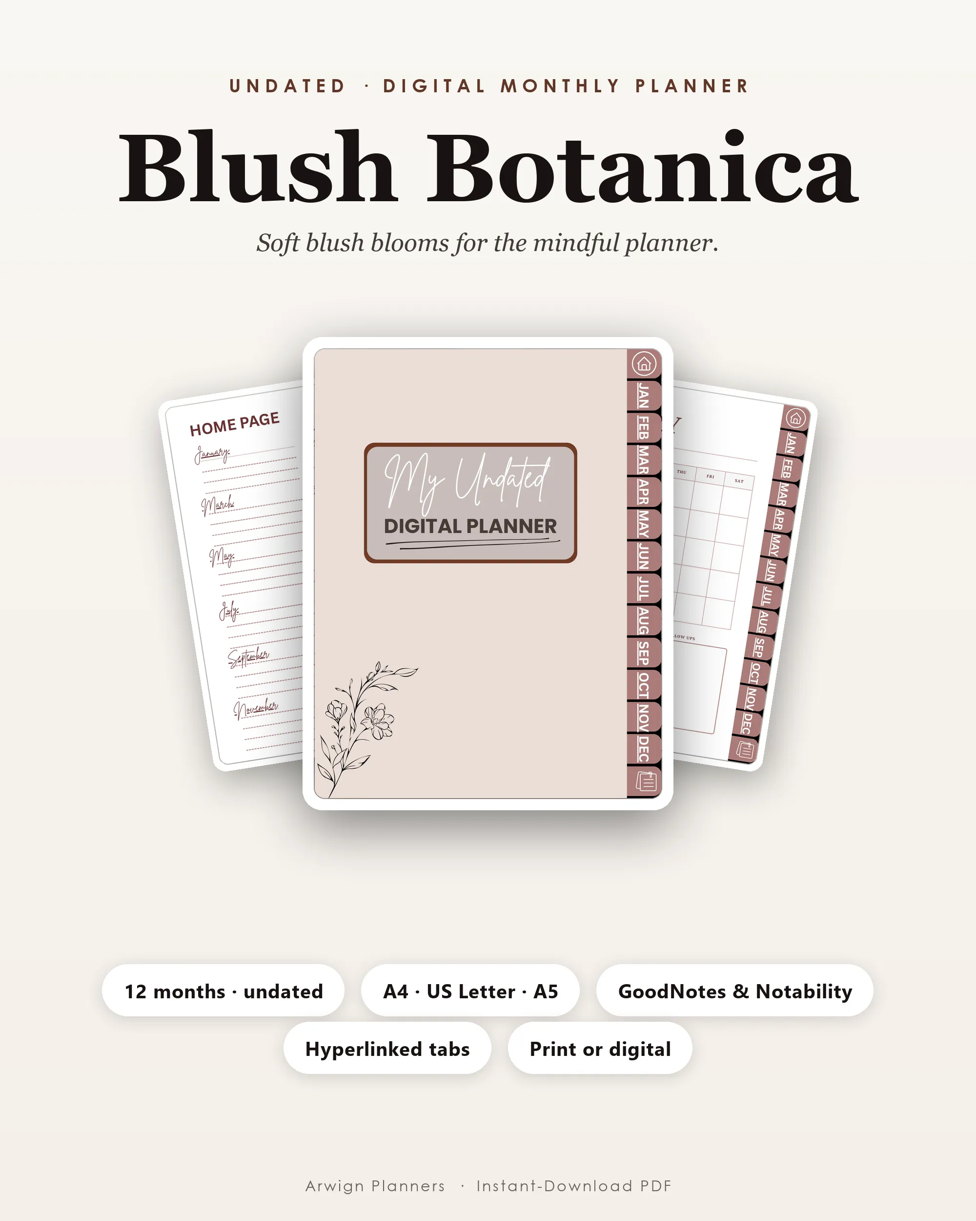 Undated Digital Monthly Planner — Blush Botanica cover