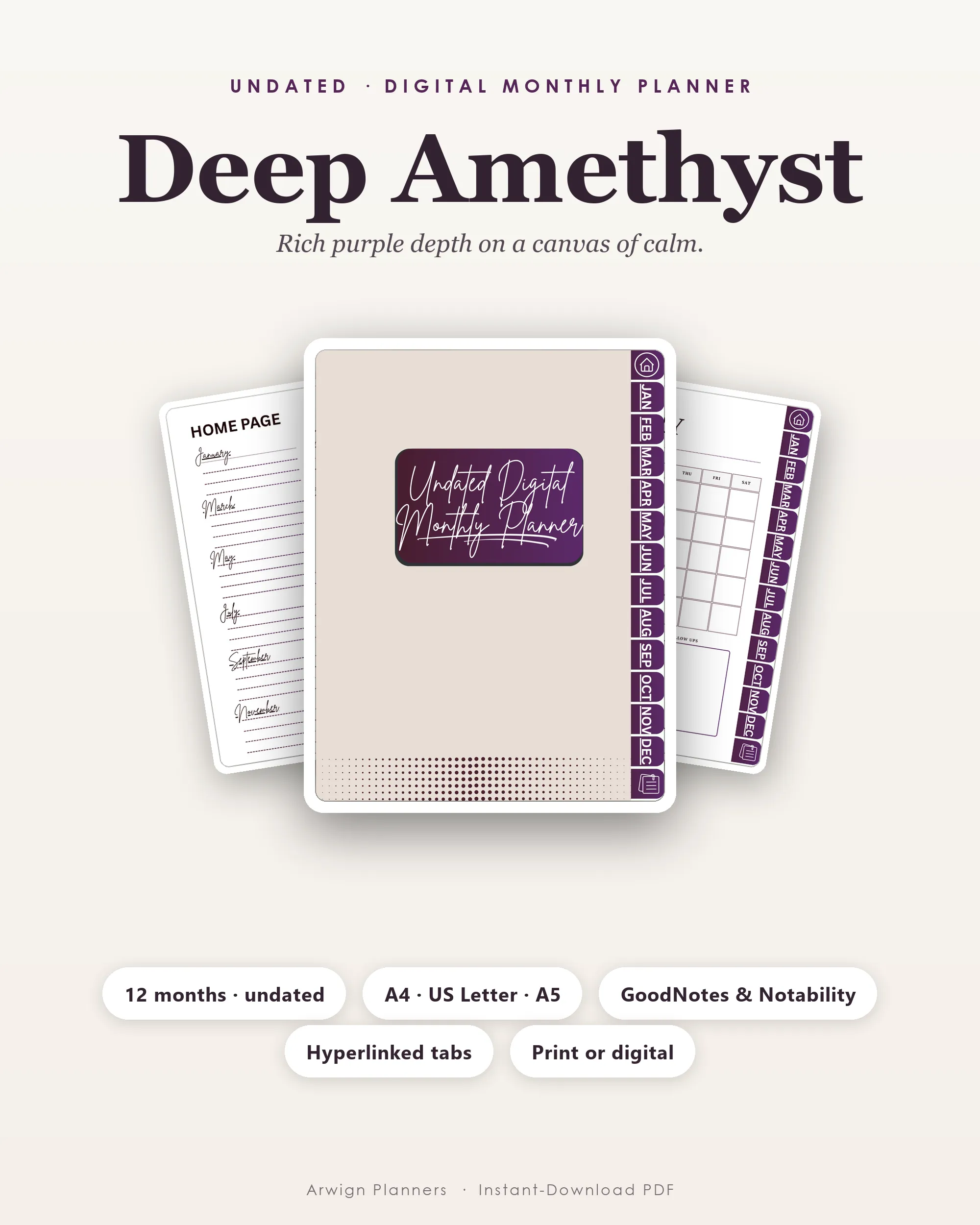 Undated Digital Monthly Planner — Deep Amethyst cover