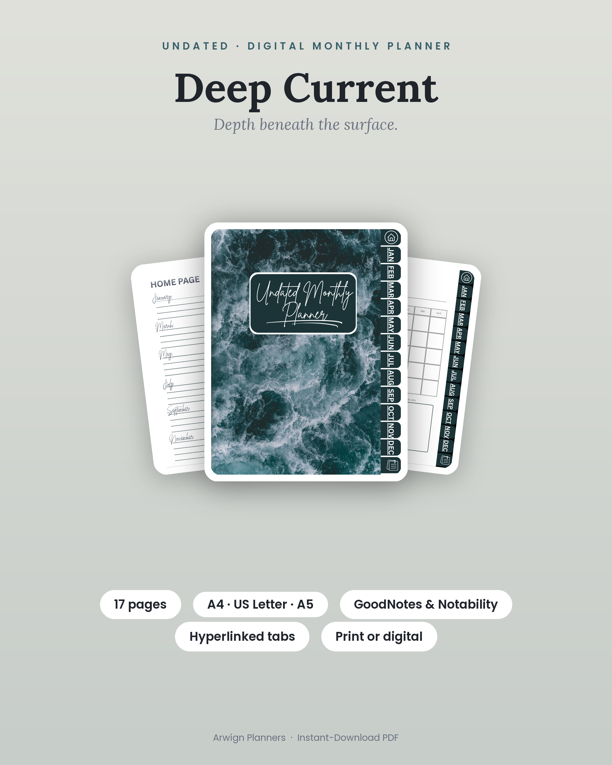 Undated Digital Monthly Planner — Deep Current cover