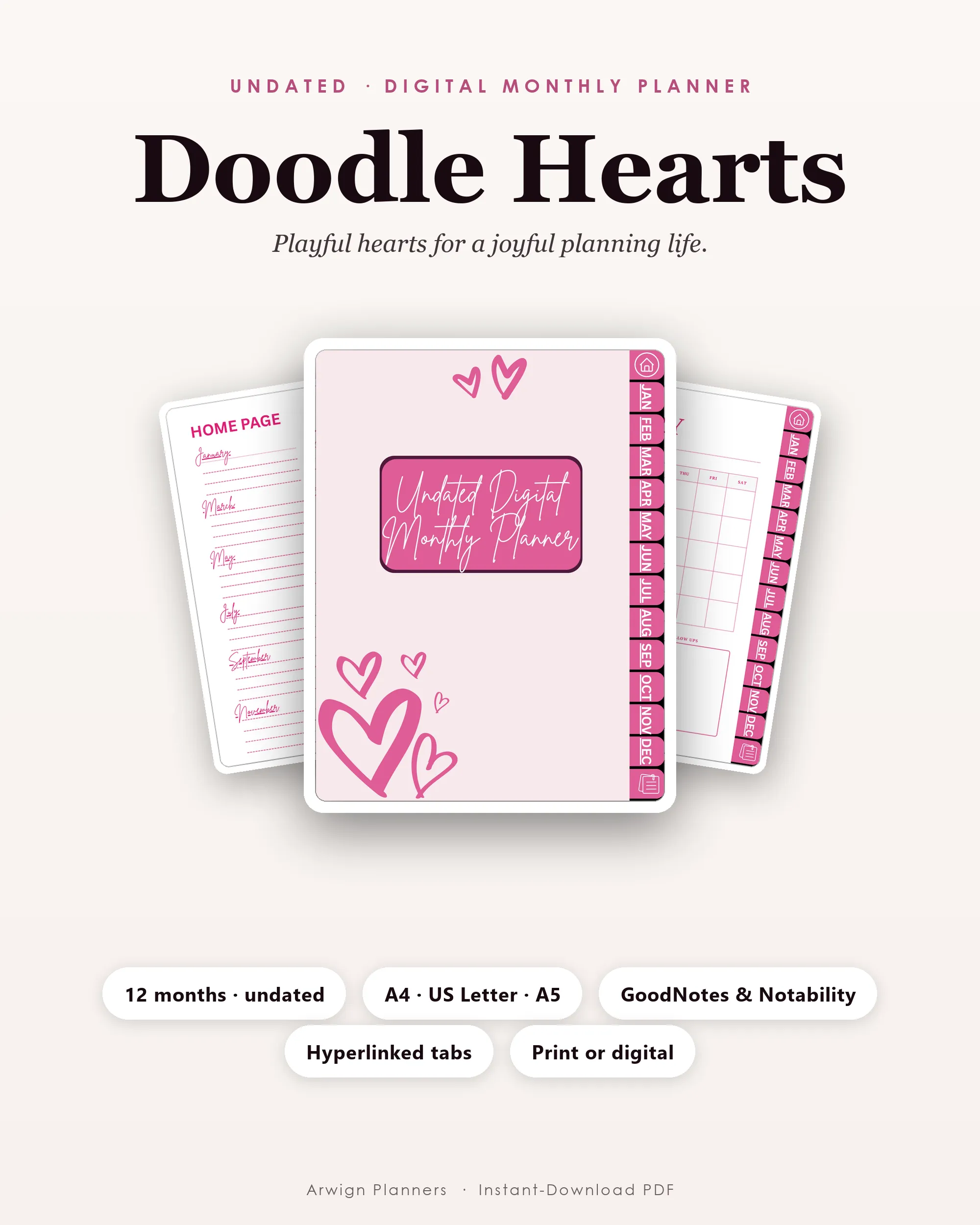 Undated Digital Monthly Planner — Doodle Hearts cover