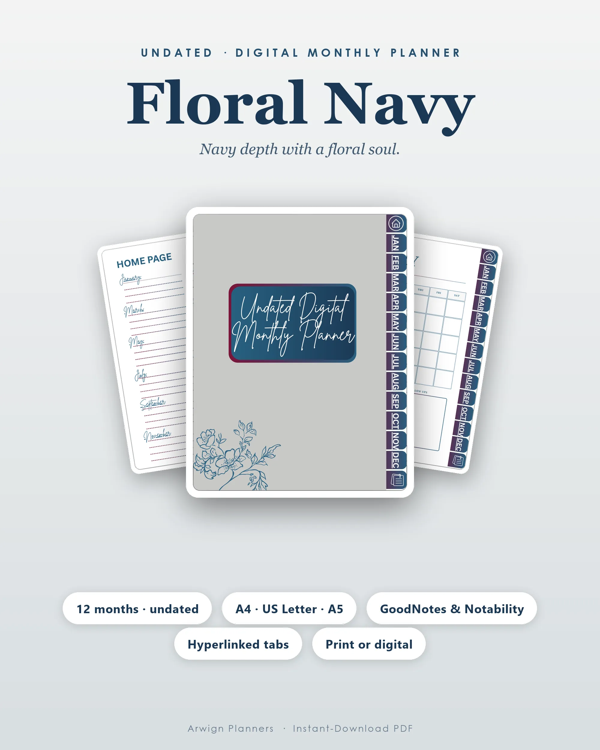 Undated Digital Monthly Planner — Floral Navy cover