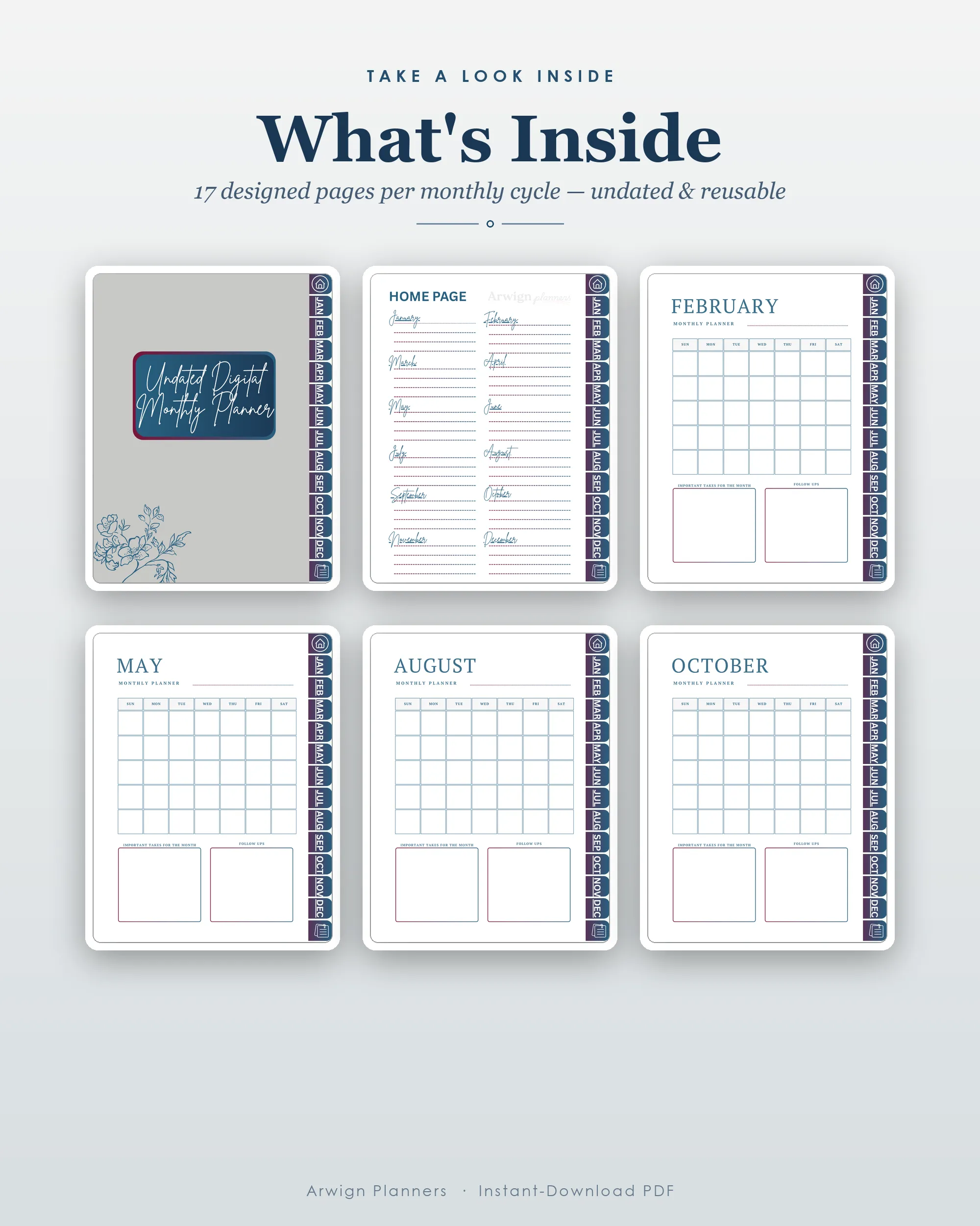 Undated Digital Monthly Planner — Floral Navy — image 2