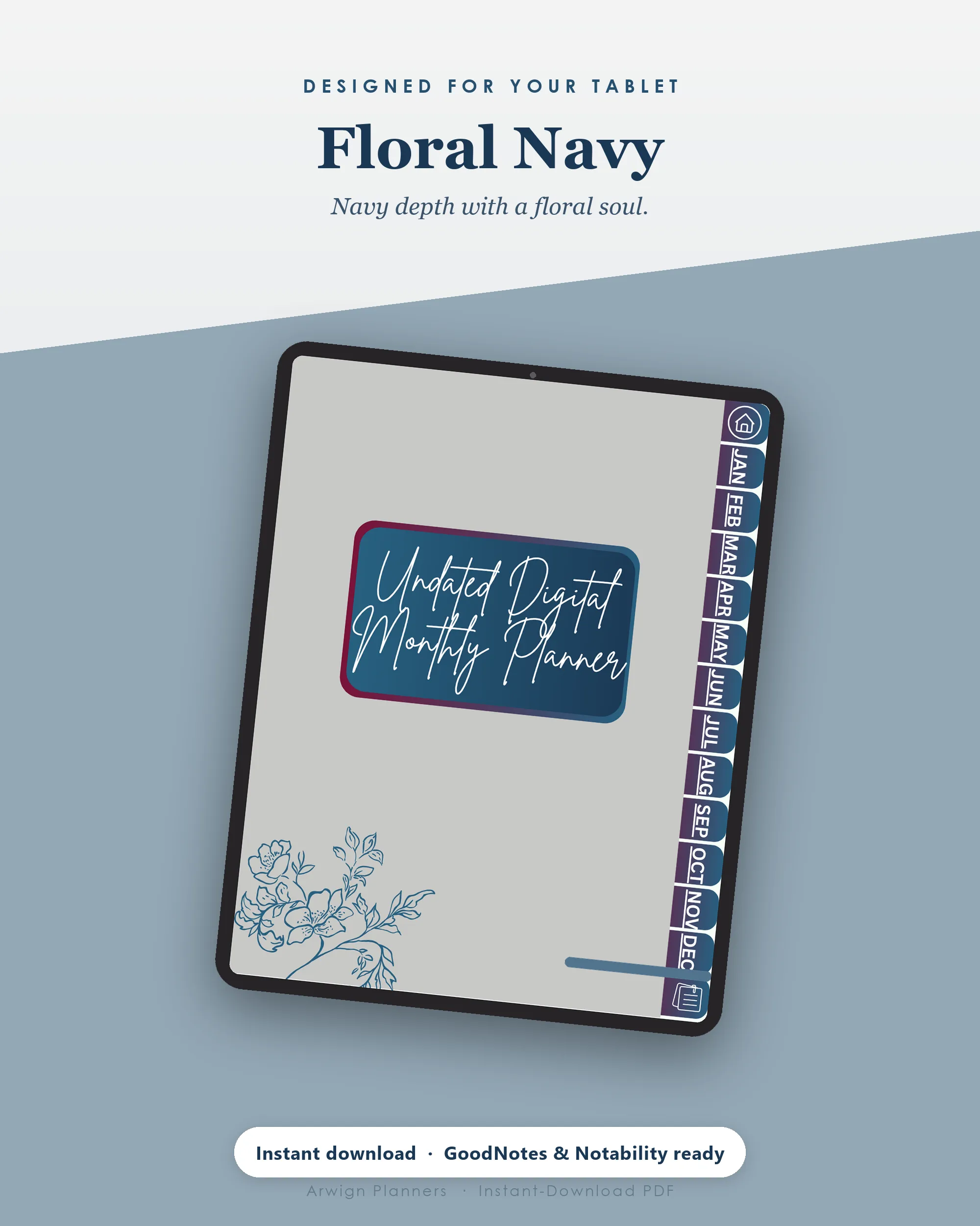 Undated Digital Monthly Planner — Floral Navy — image 4