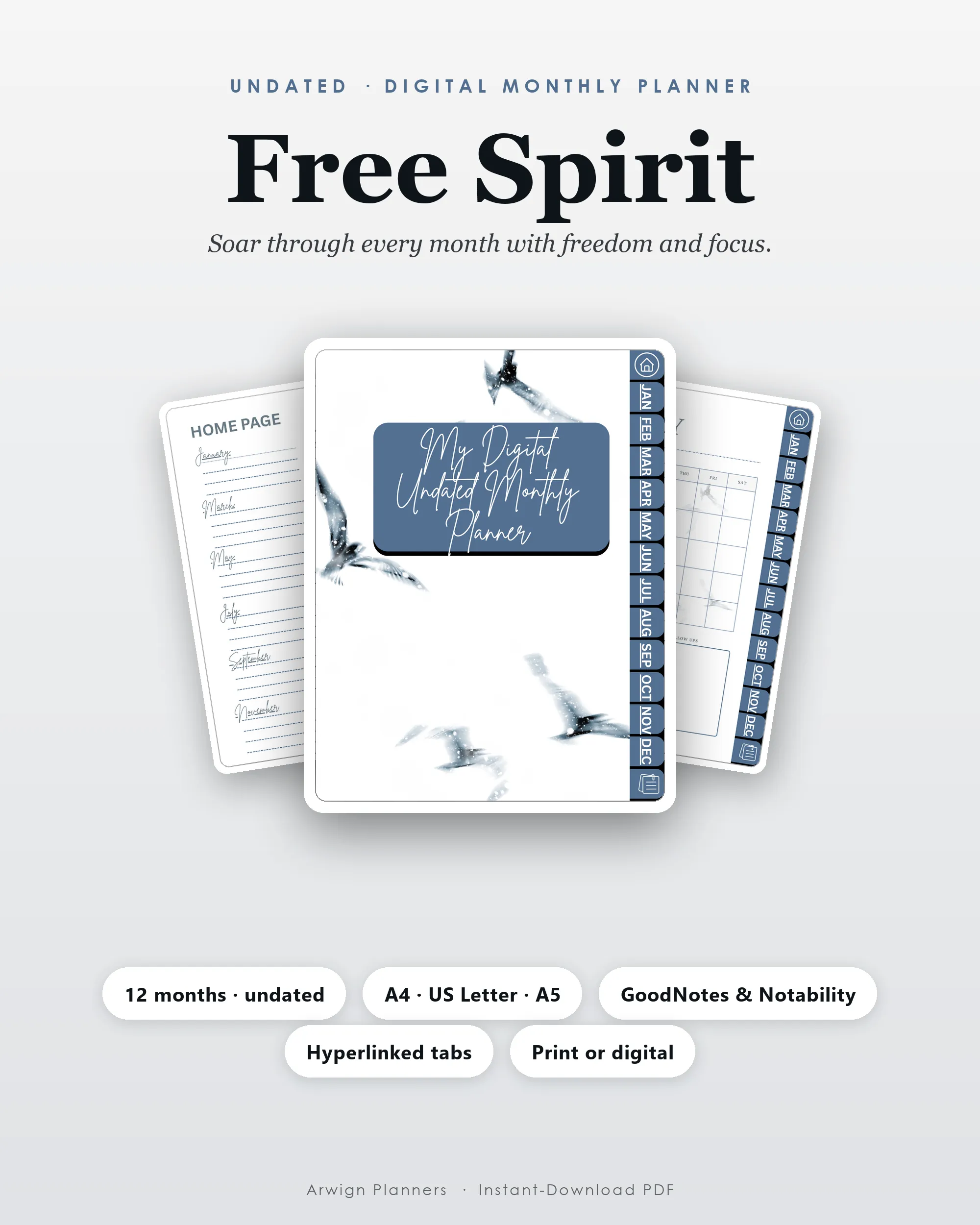 Undated Digital Monthly Planner — Free Spirit cover
