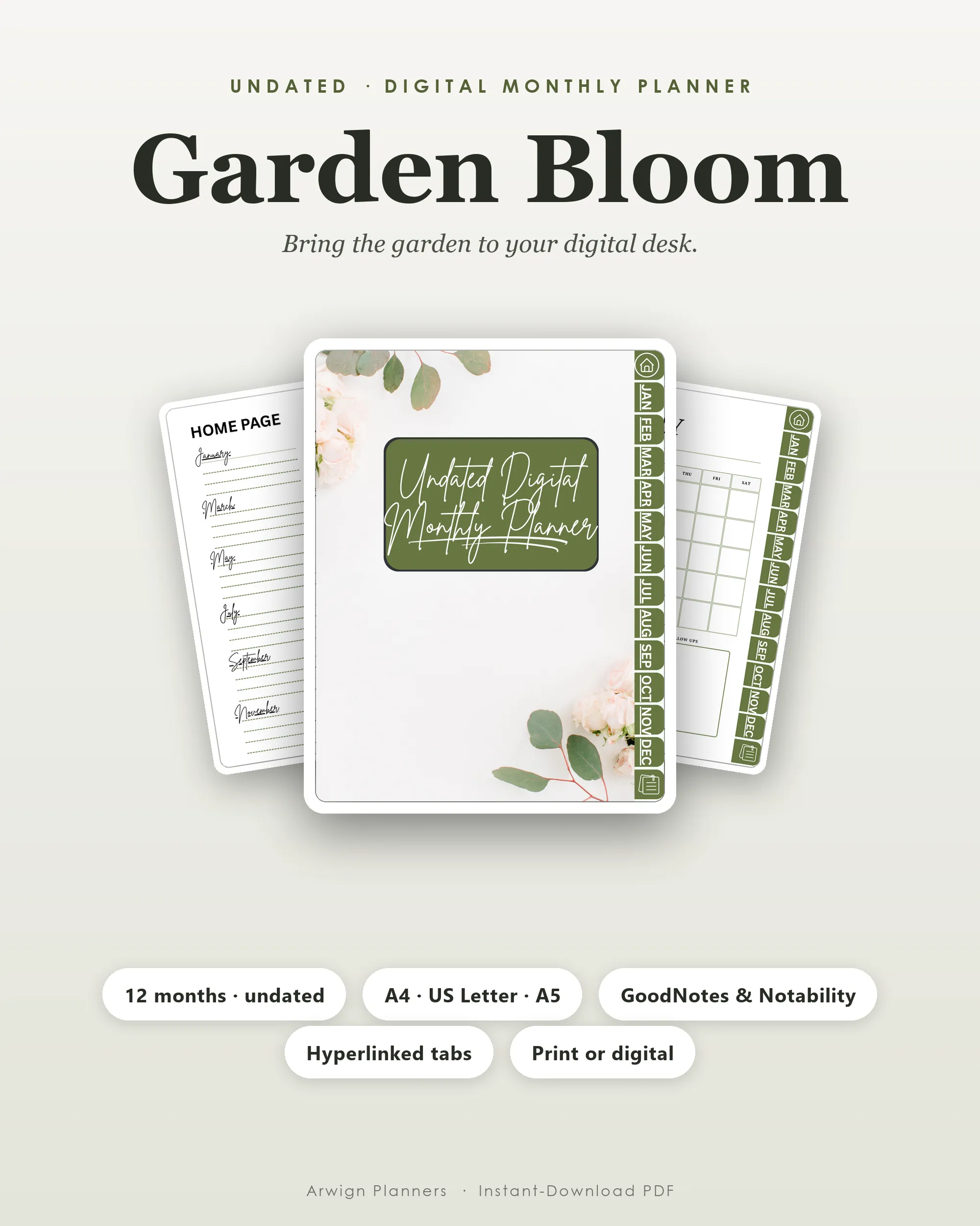 Undated Digital Monthly Planner — Garden Bloom cover