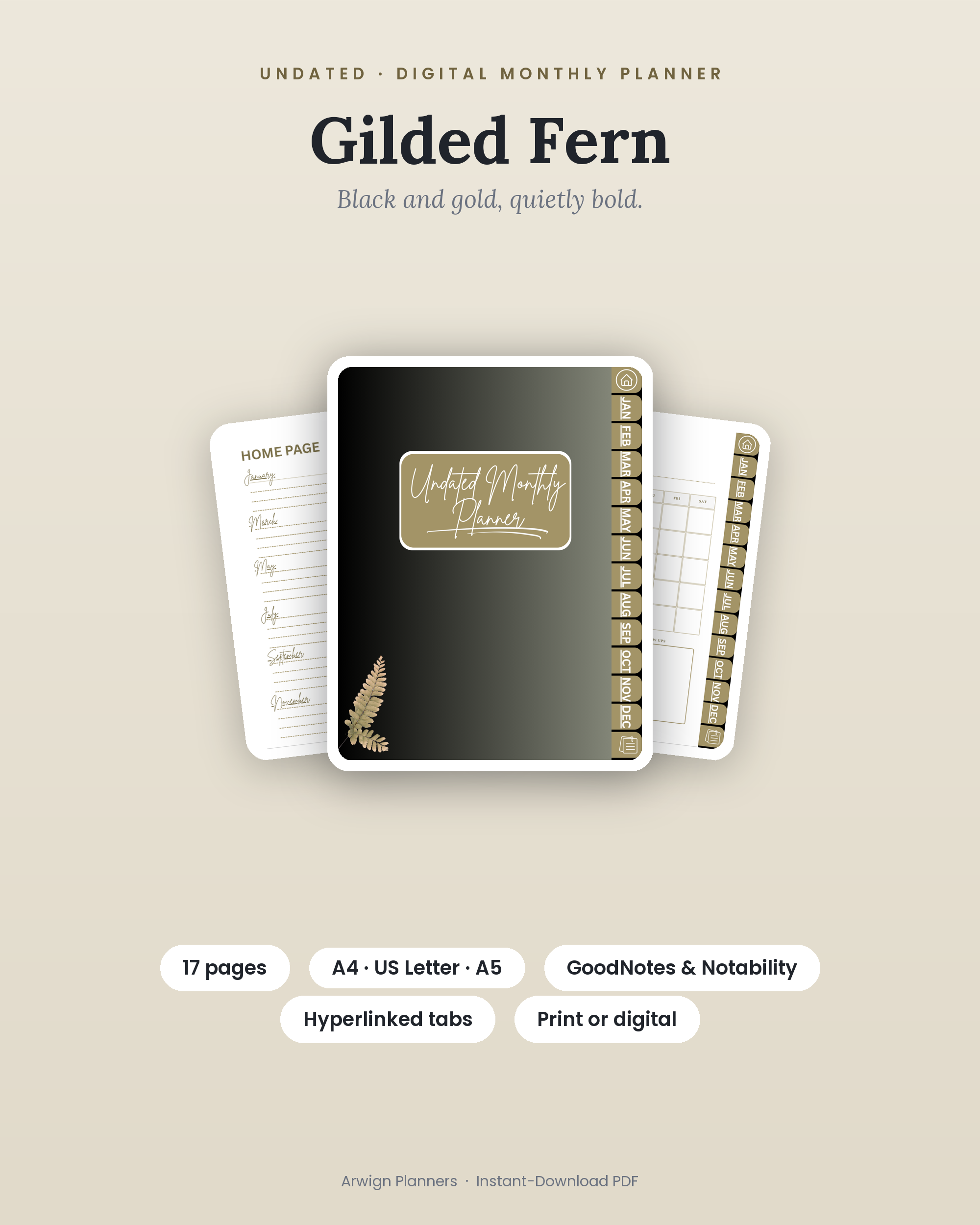Undated Digital Monthly Planner — Gilded Fern cover