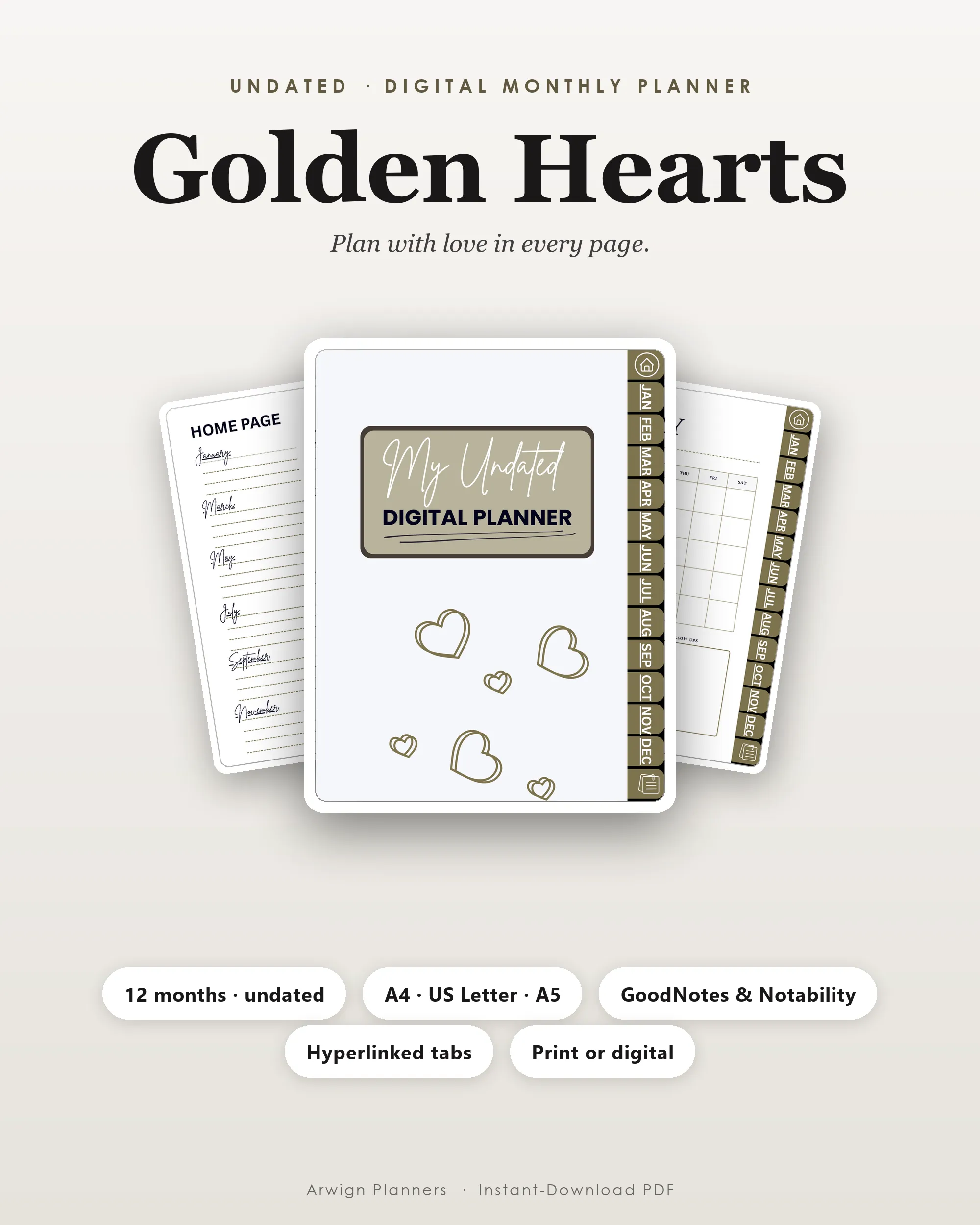 Undated Digital Monthly Planner — Golden Hearts cover