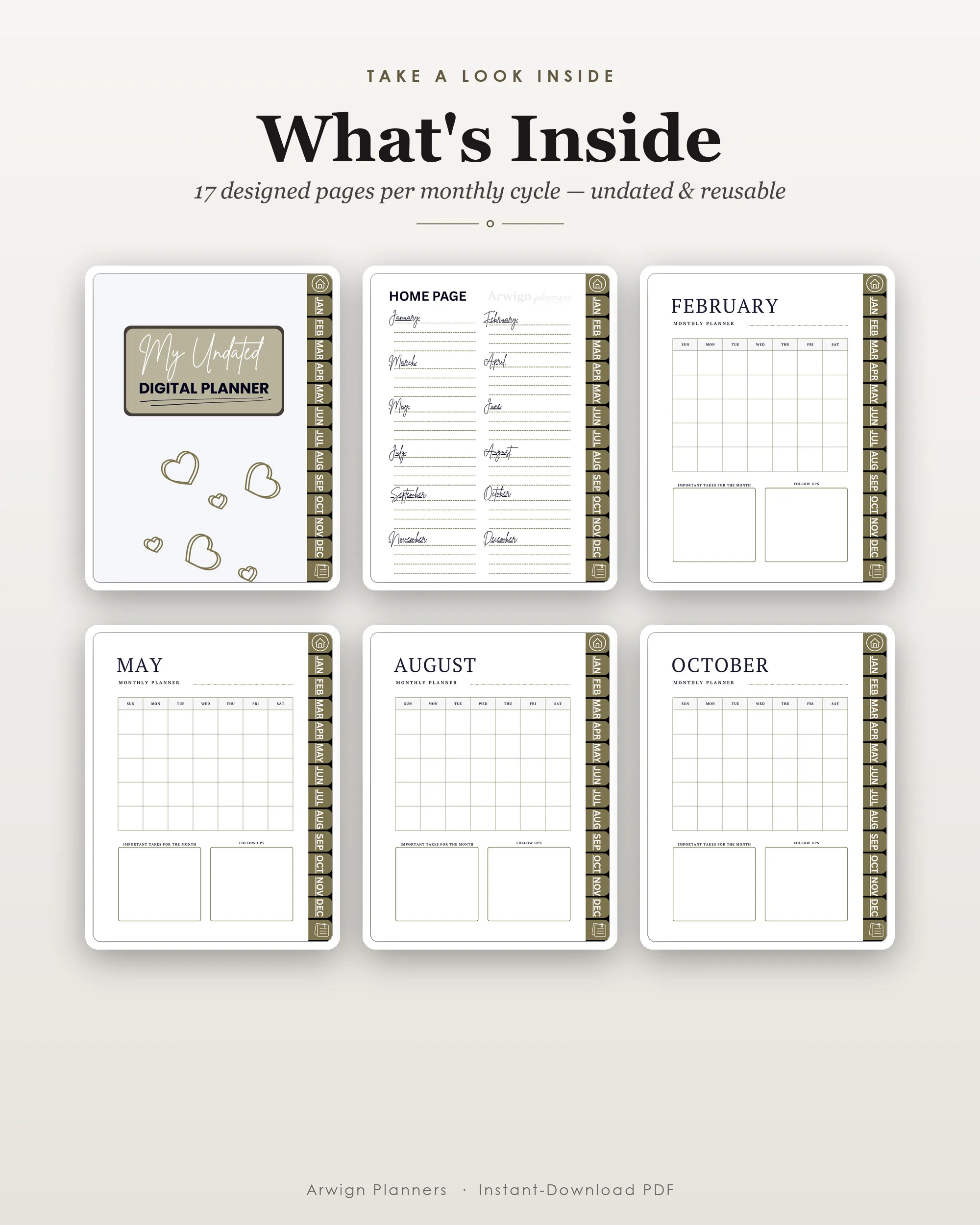 Undated Digital Monthly Planner — Golden Hearts — image 2