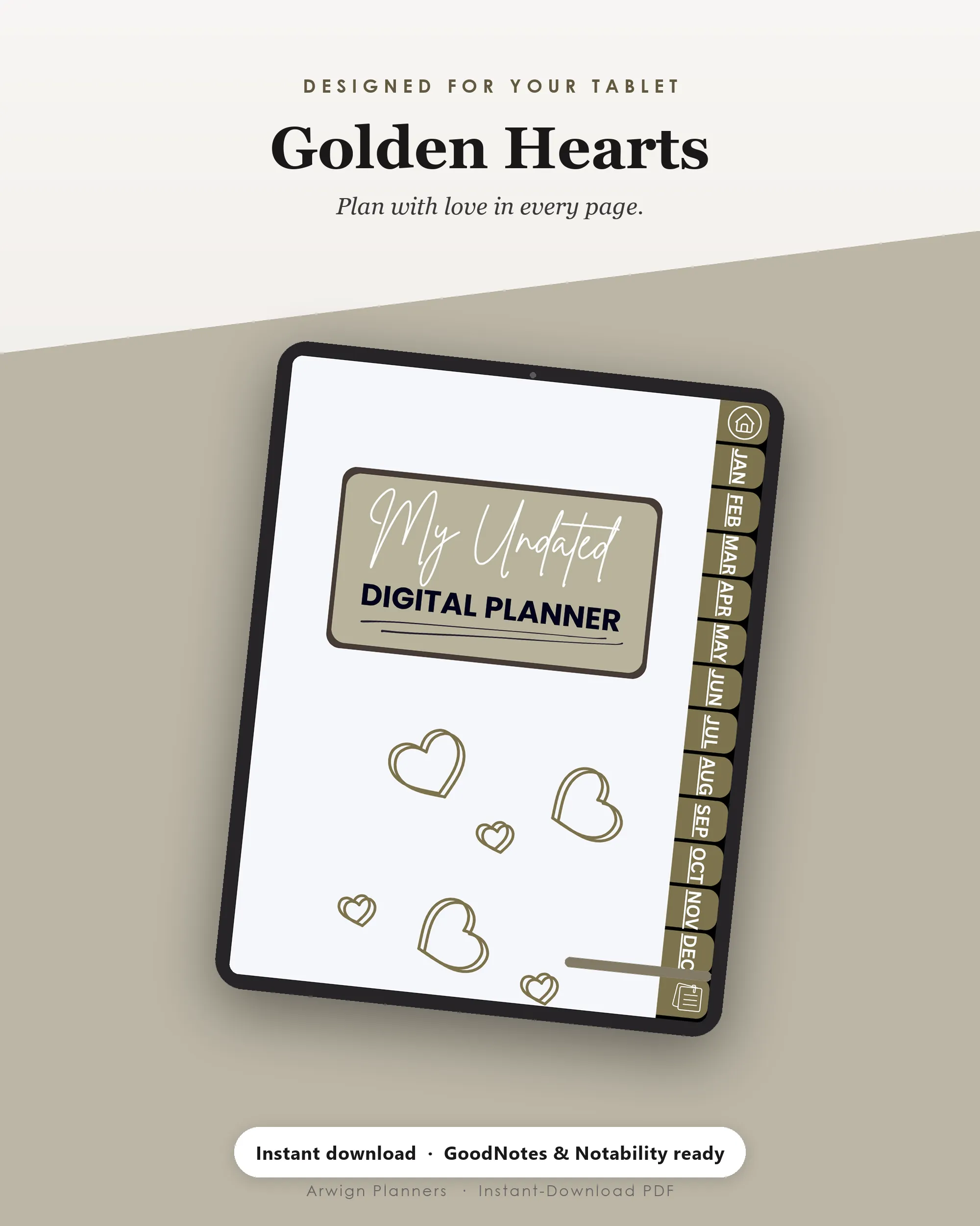 Undated Digital Monthly Planner — Golden Hearts — image 4