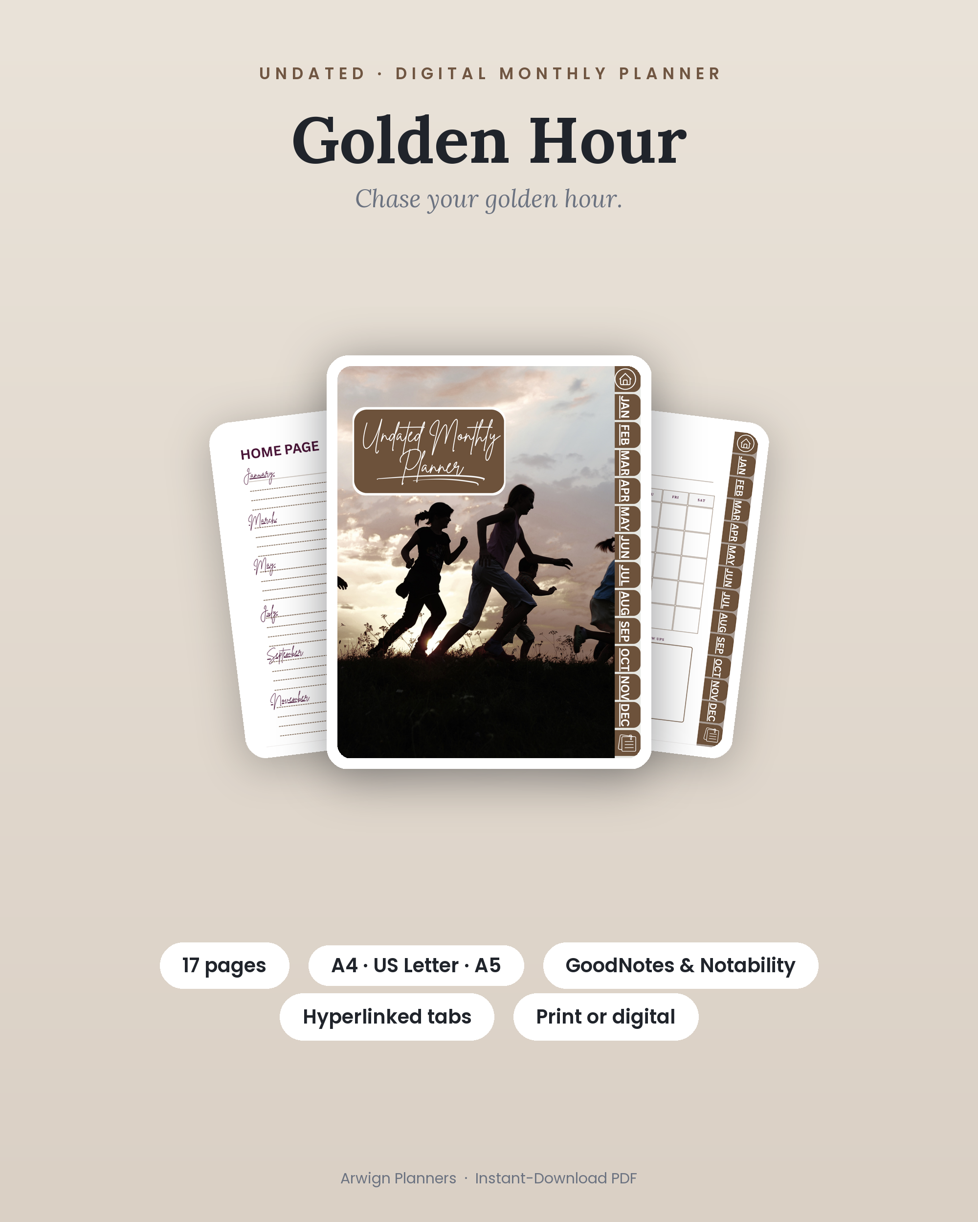 Undated Digital Monthly Planner — Golden Hour cover