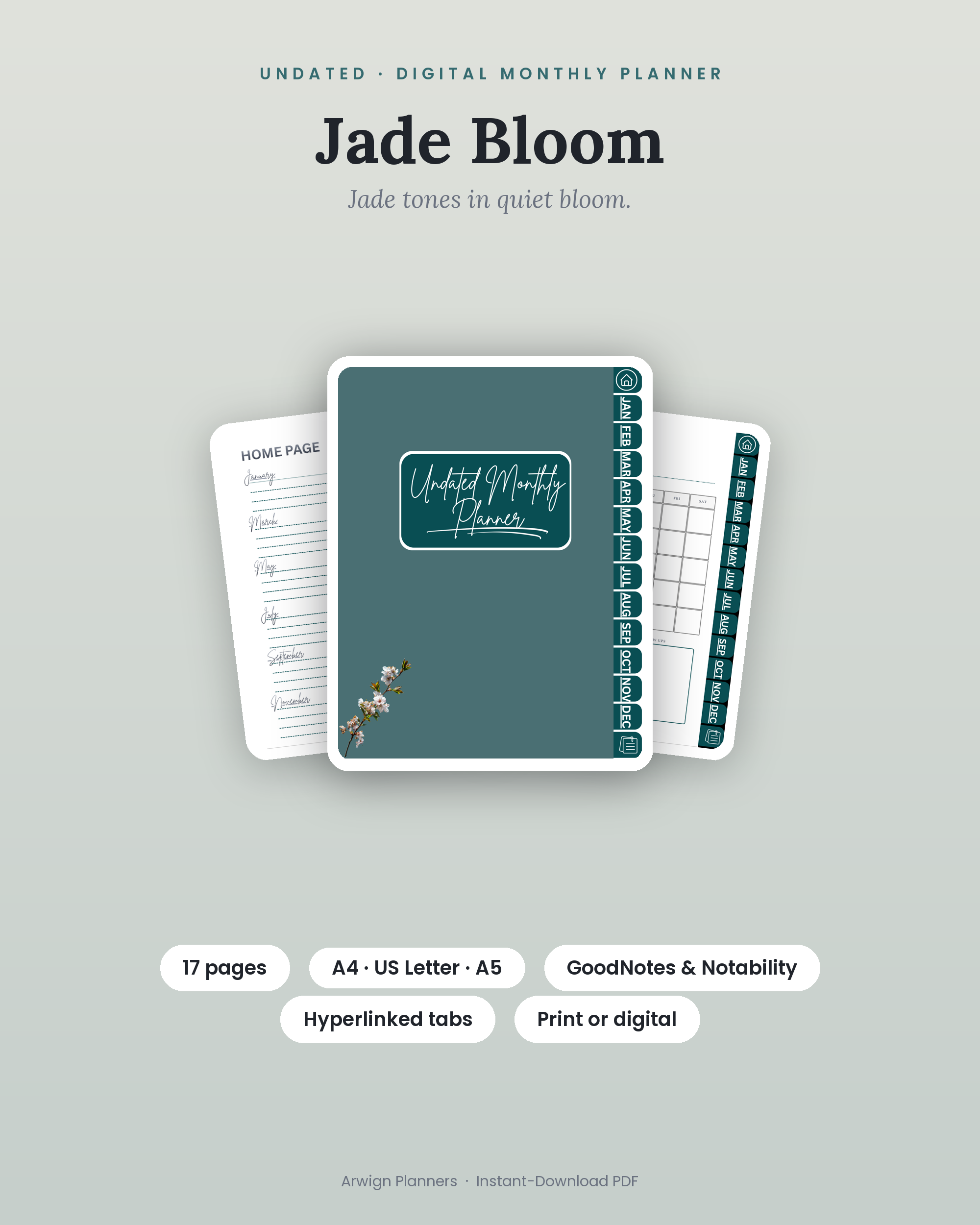 Undated Digital Monthly Planner — Jade Bloom — premium digital planner