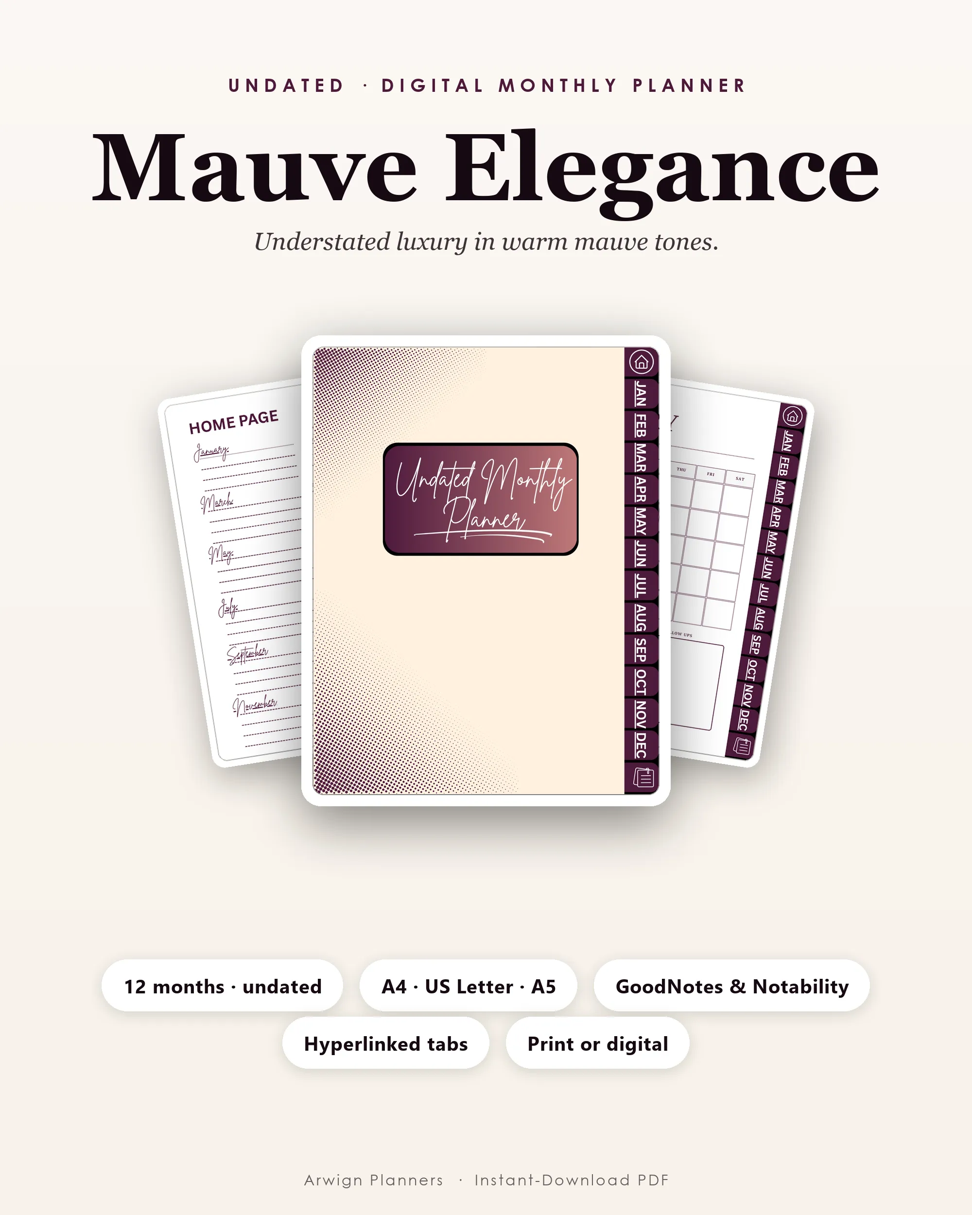 Undated Digital Monthly Planner — Mauve Elegance cover
