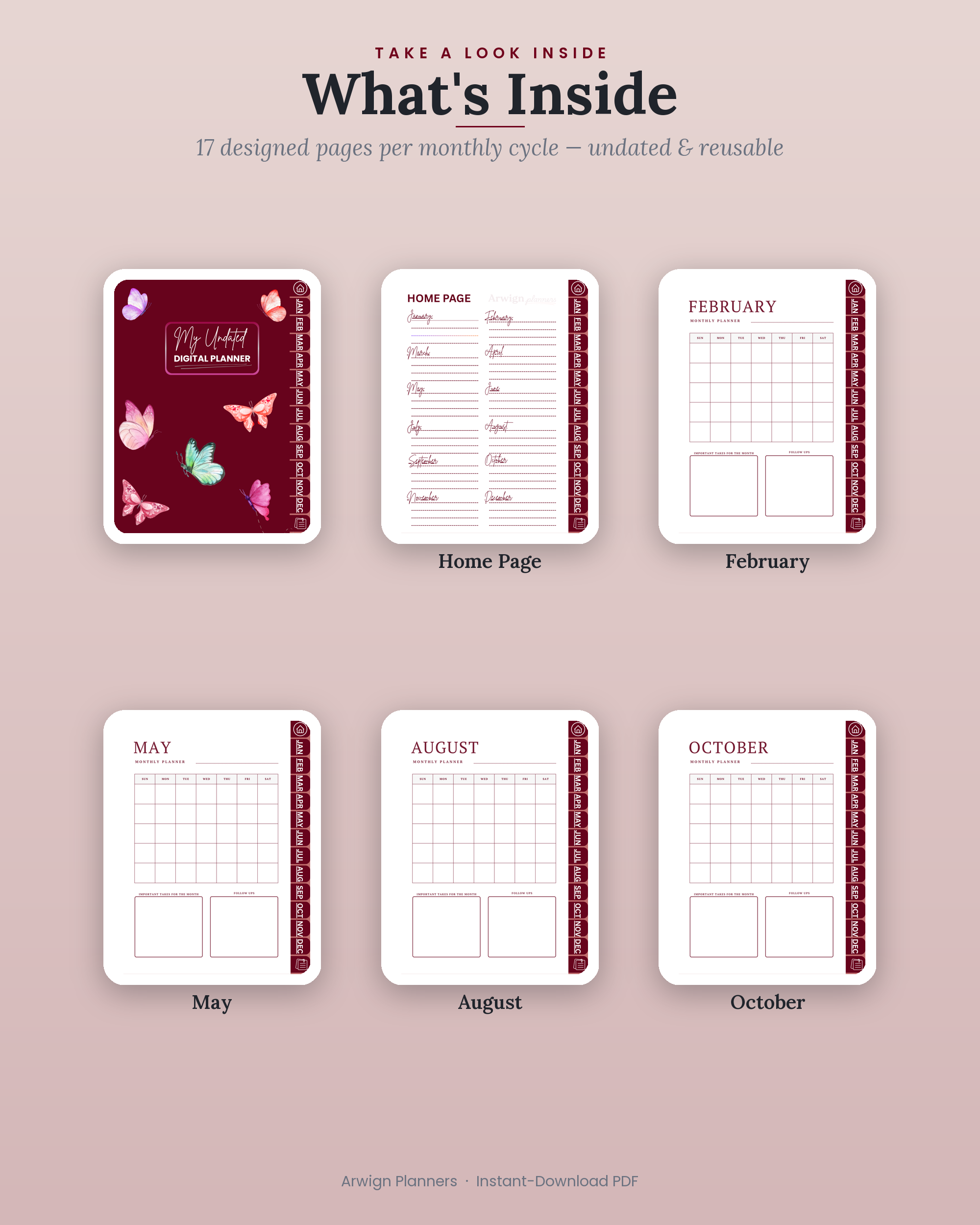 Undated Digital Monthly Planner — Merlot Butterfly — image 2