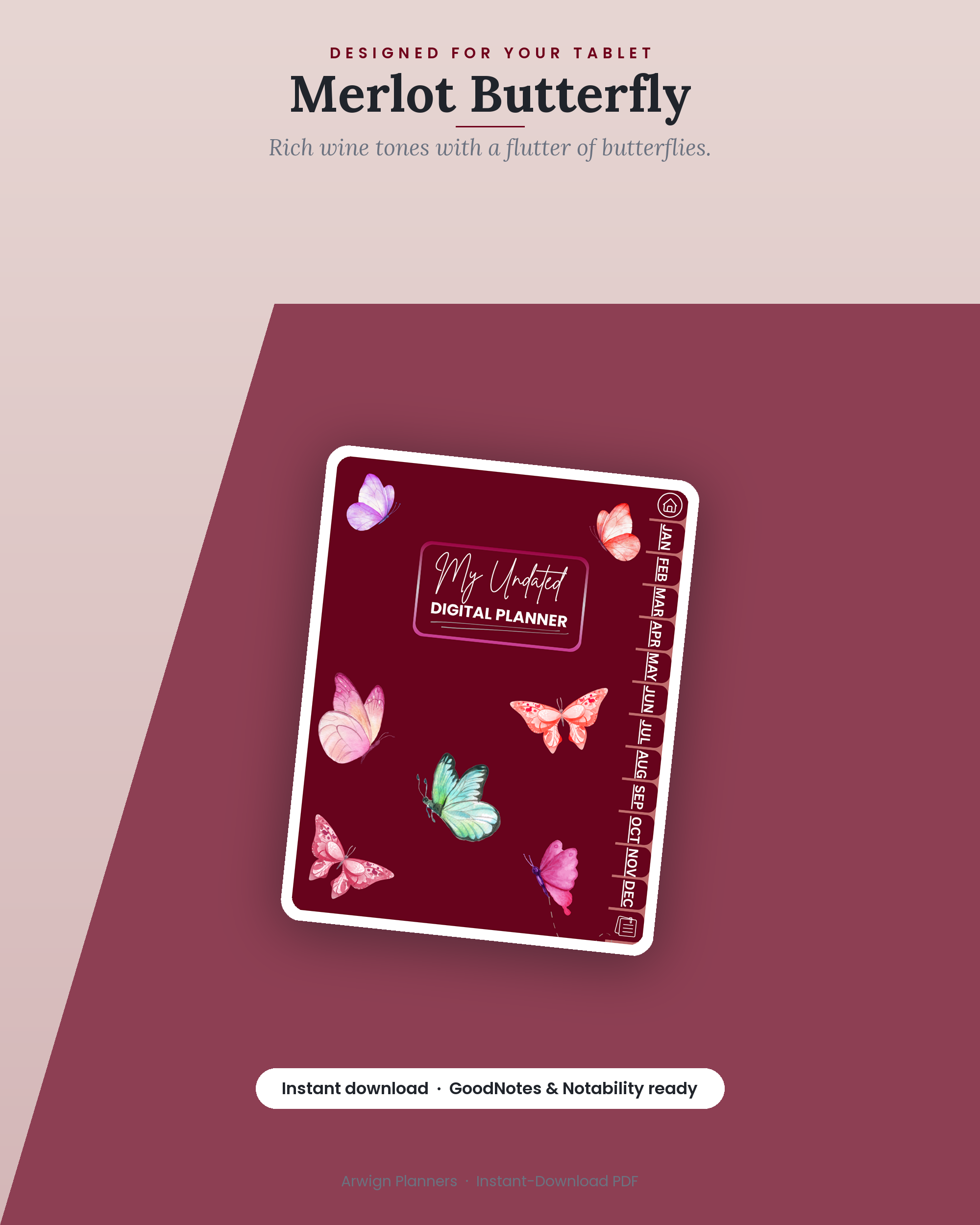 Undated Digital Monthly Planner — Merlot Butterfly — image 4