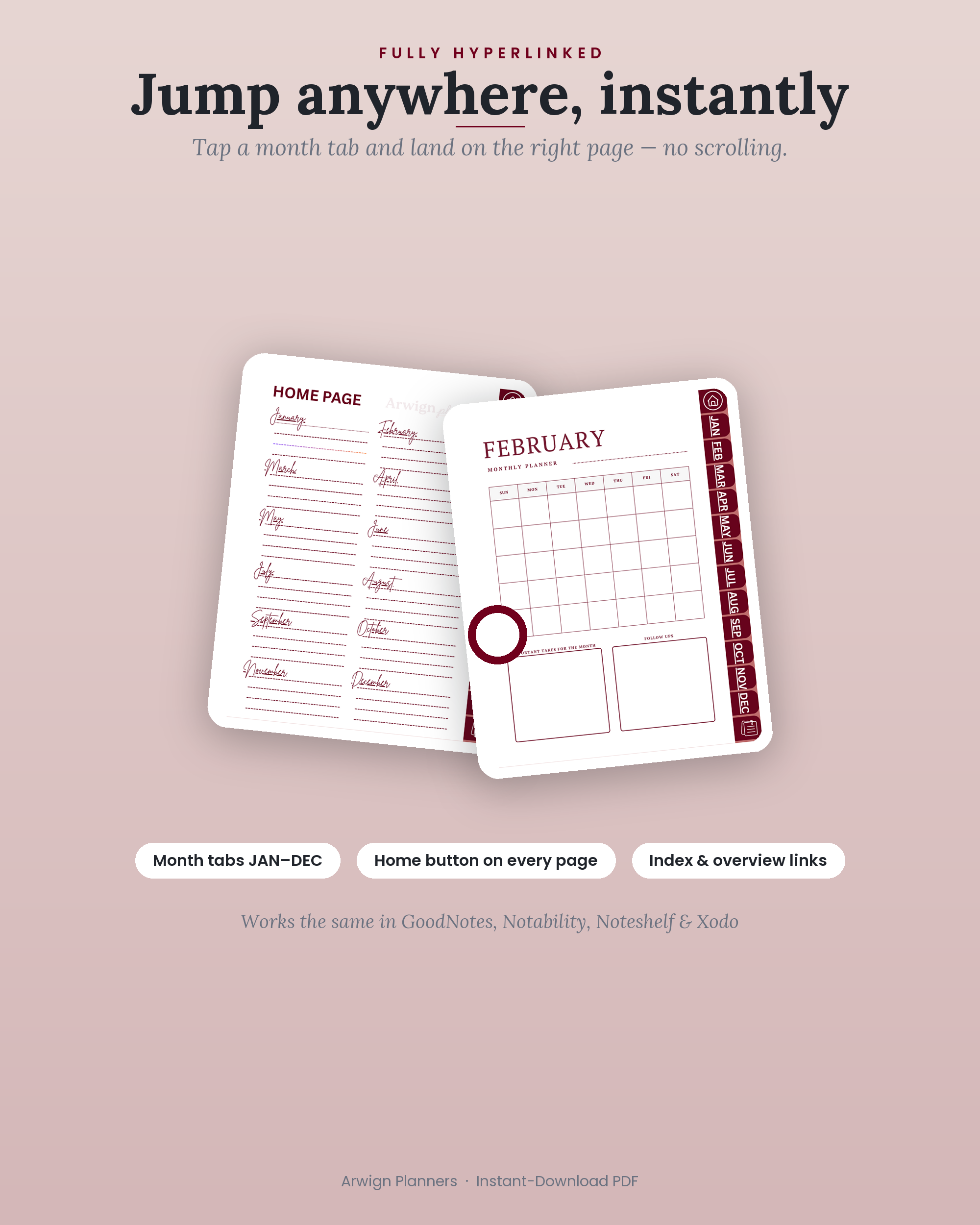 Undated Digital Monthly Planner — Merlot Butterfly — image 5