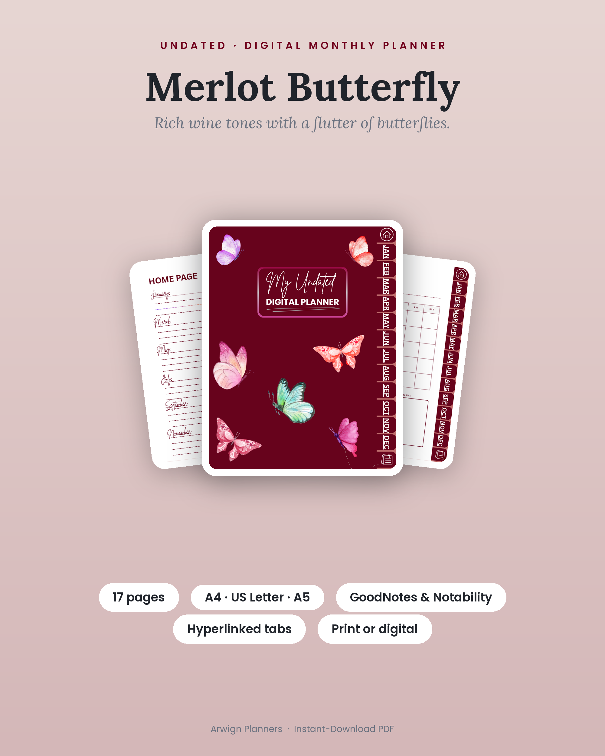 Undated Digital Monthly Planner — Merlot Butterfly cover