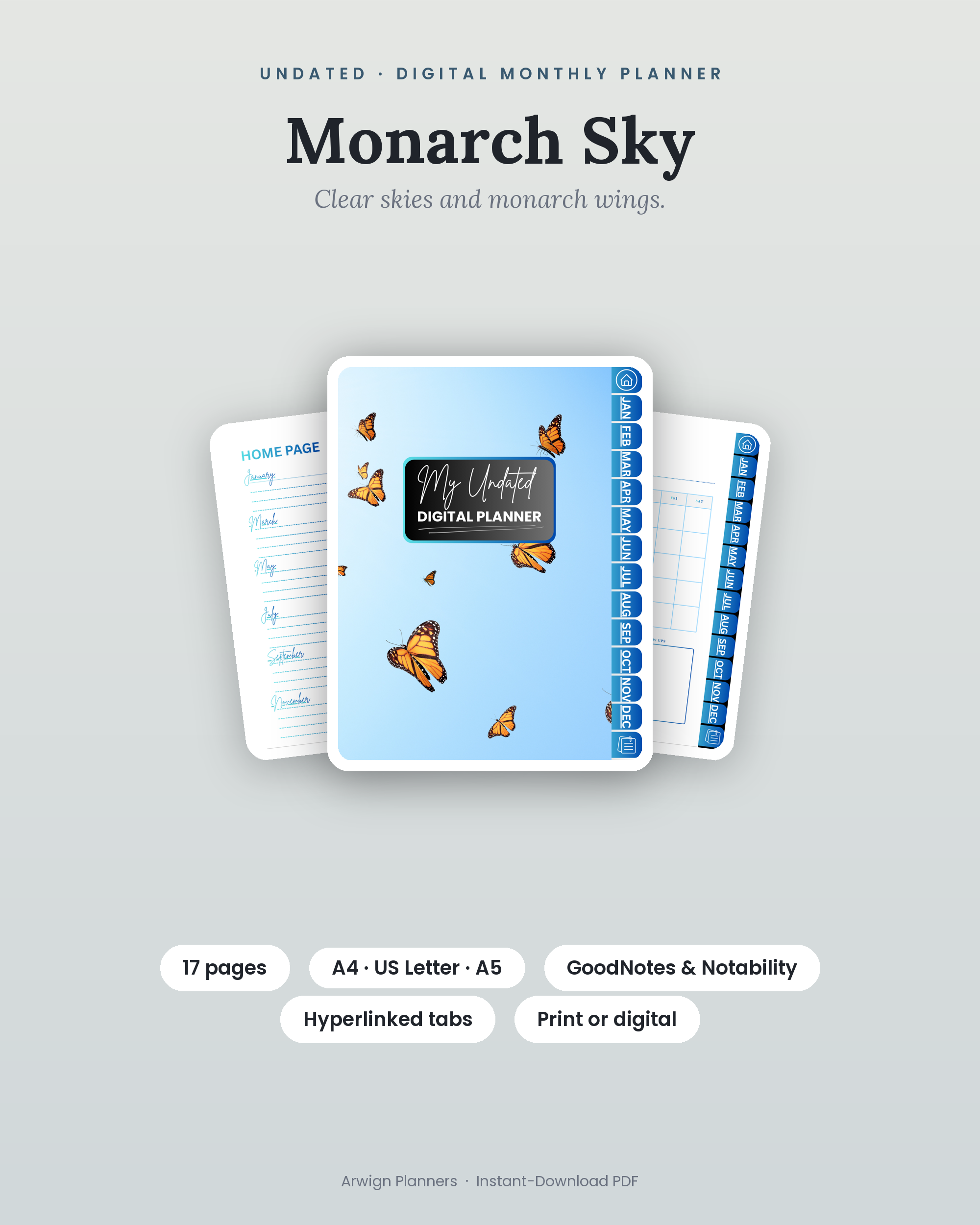 Undated Digital Monthly Planner — Monarch Sky cover