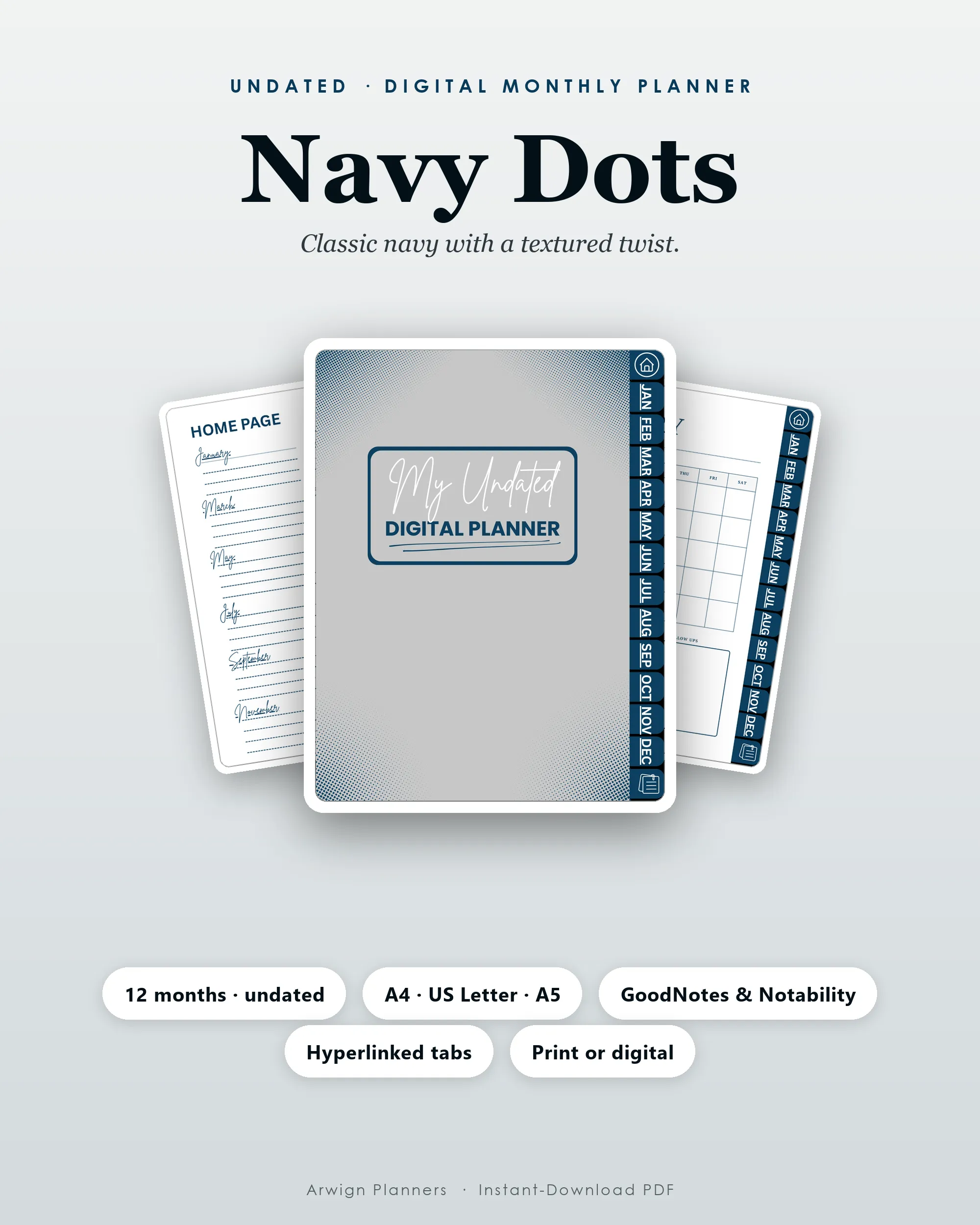 Undated Digital Monthly Planner — Navy Dots cover