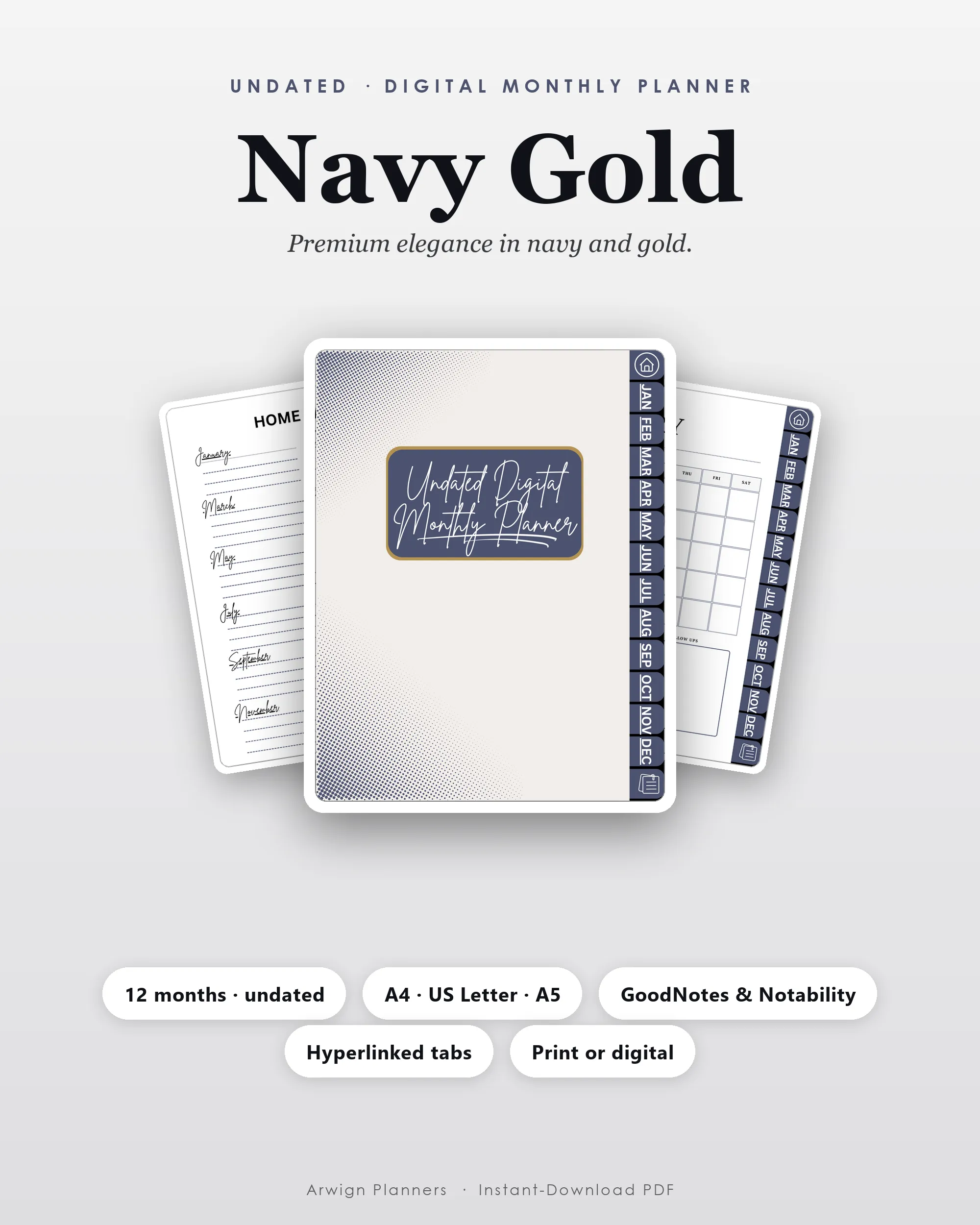 Undated Digital Monthly Planner — Navy Gold cover