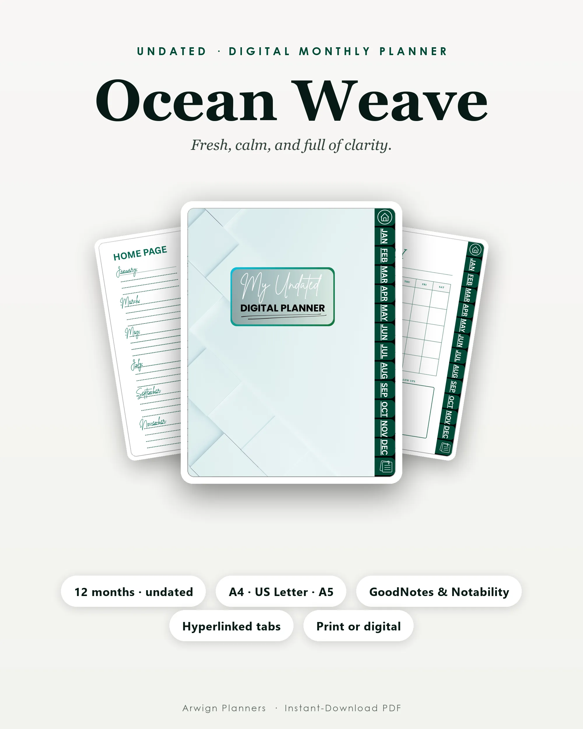 Undated Digital Monthly Planner — Ocean Weave cover