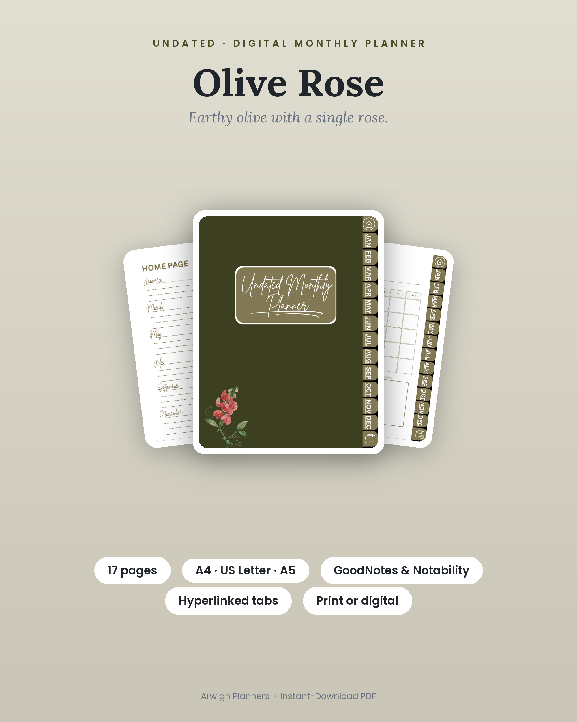 Undated Digital Monthly Planner — Olive Rose cover