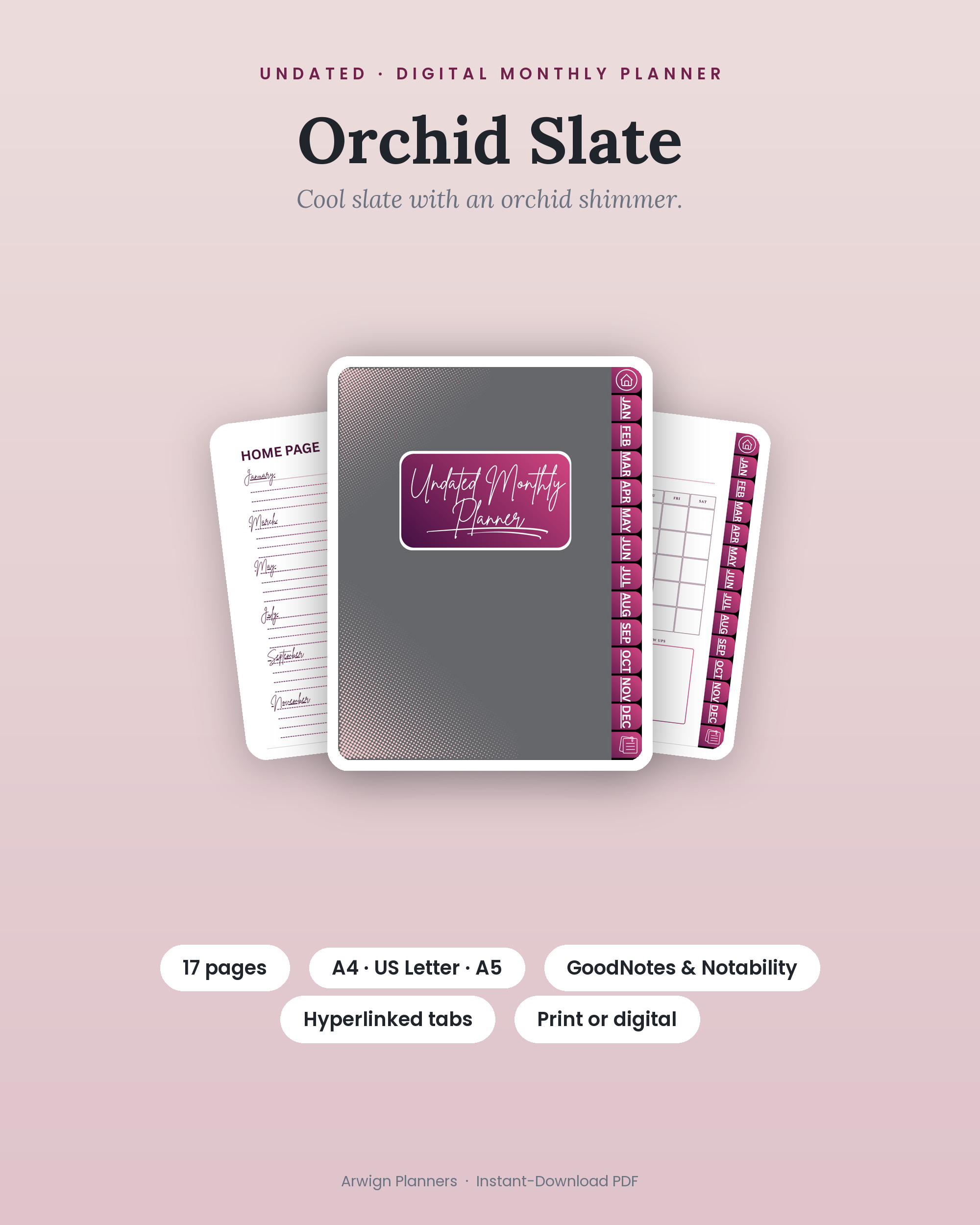 Undated Digital Monthly Planner — Orchid Slate cover