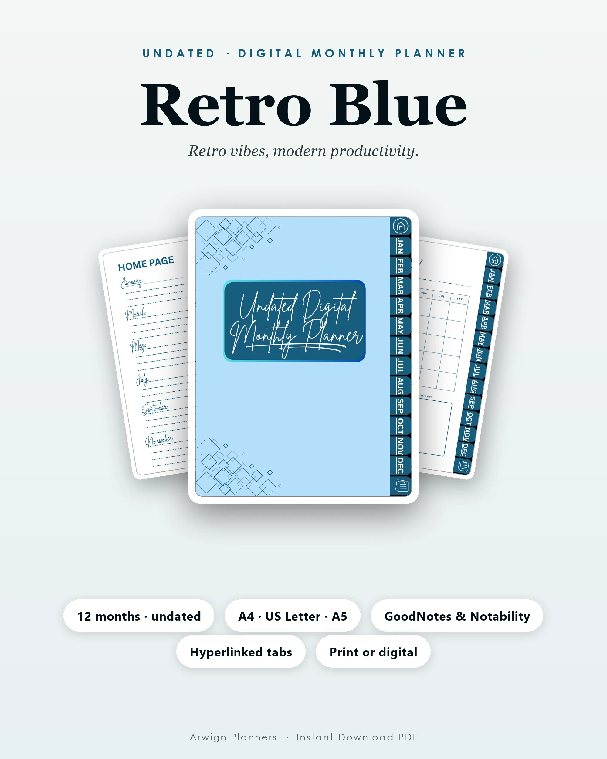Undated Digital Monthly Planner — Retro Blue cover