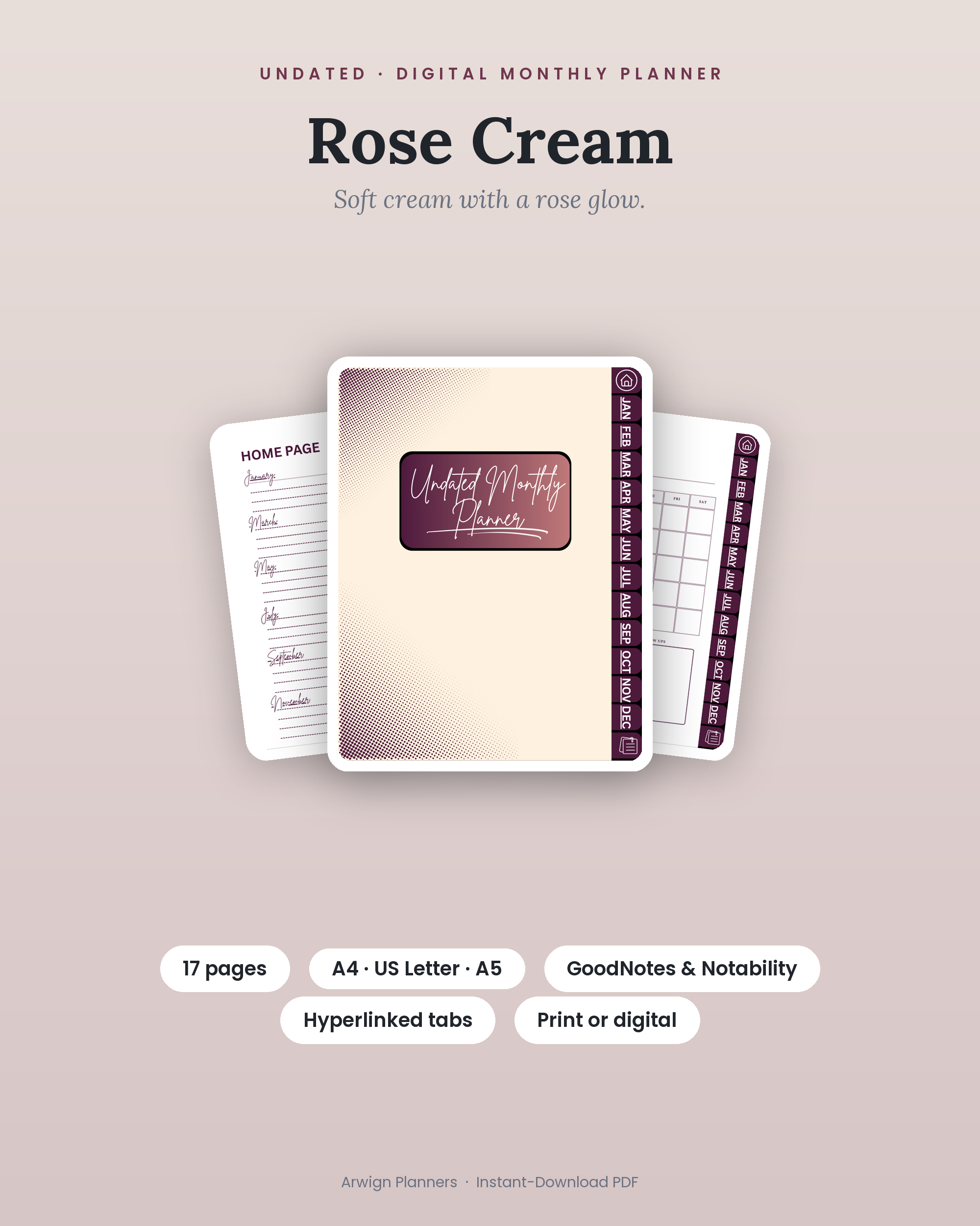 Undated Digital Monthly Planner — Rose Cream cover