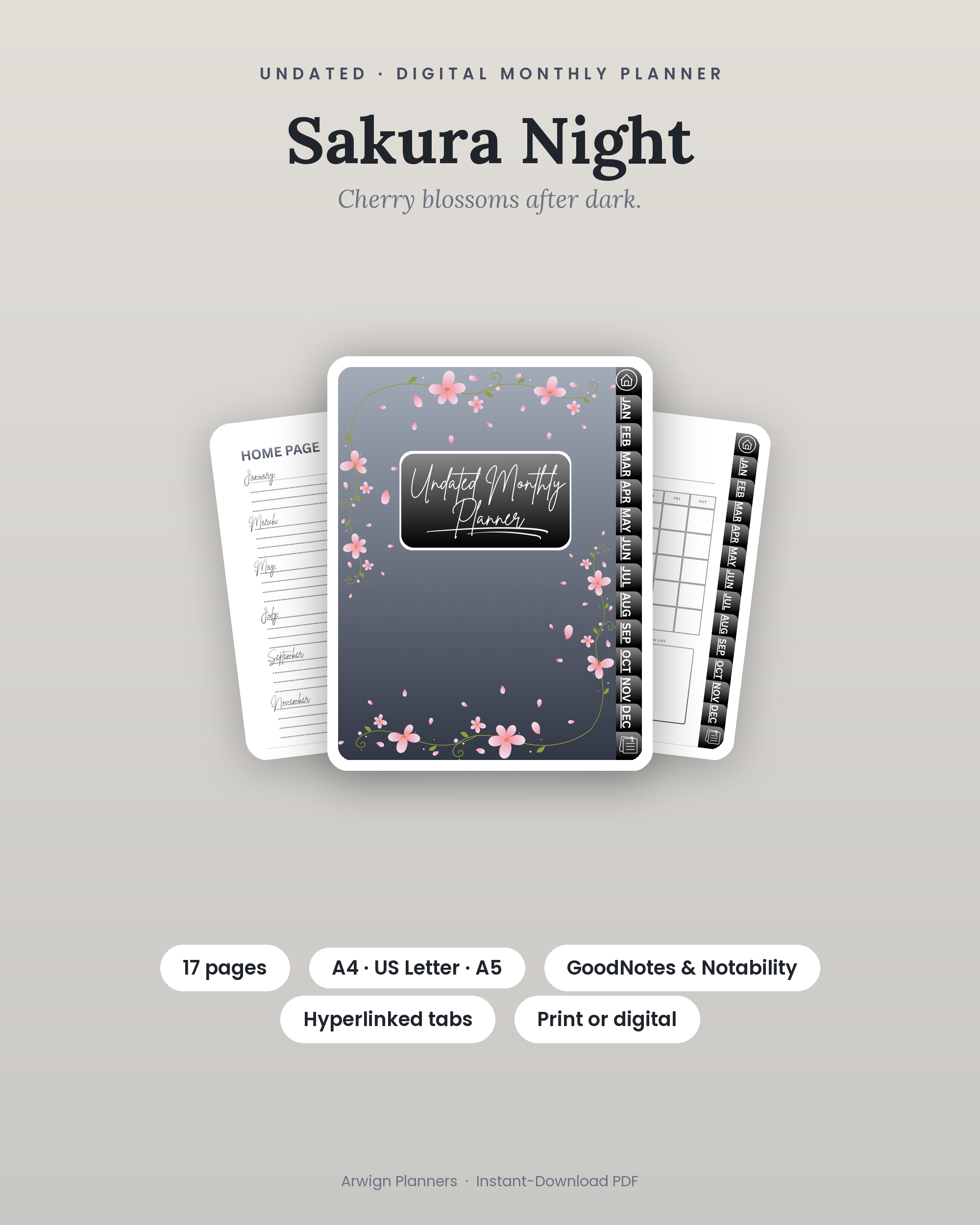 Undated Digital Monthly Planner — Sakura Night — premium digital planner