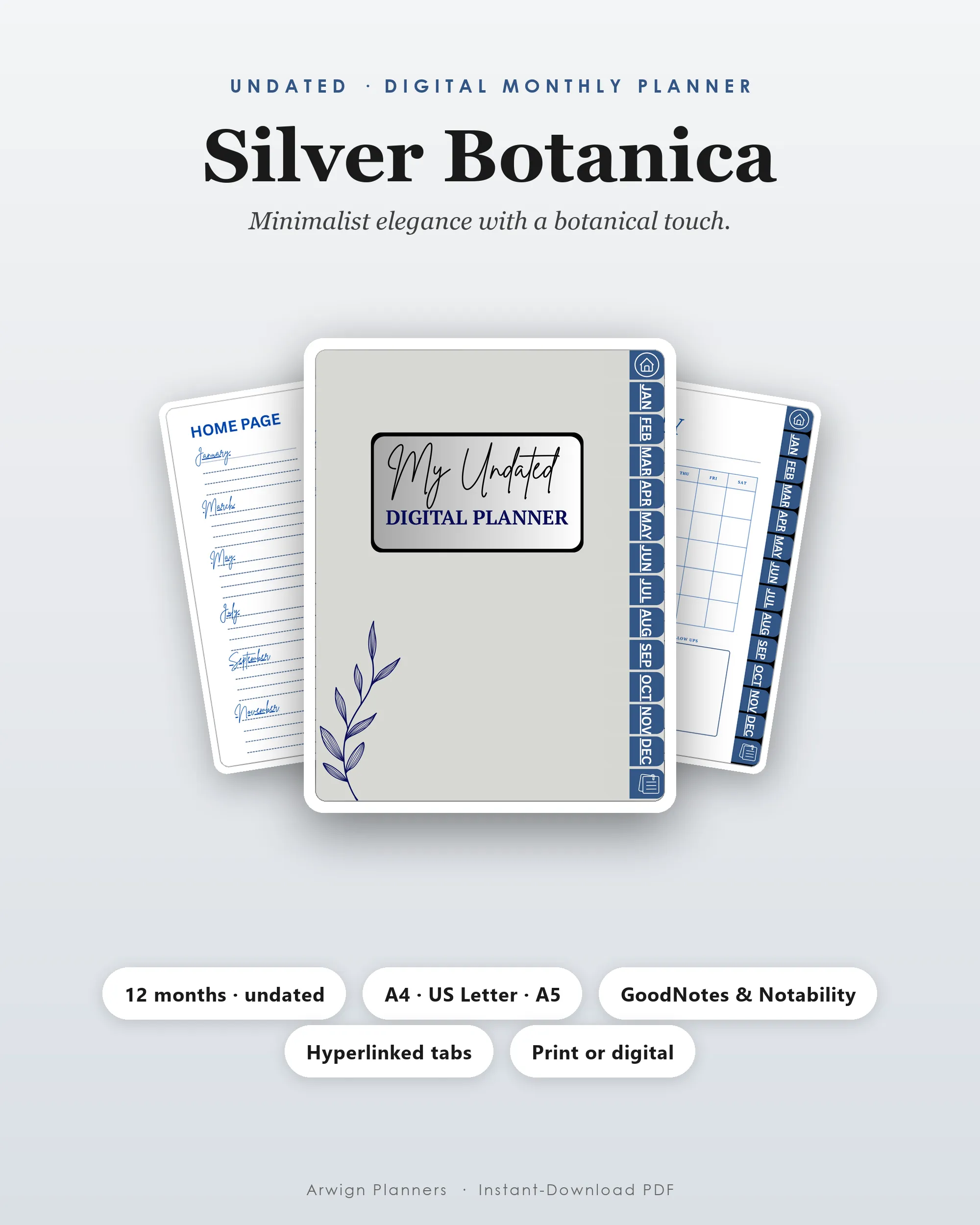Undated Digital Monthly Planner — Silver Botanica cover