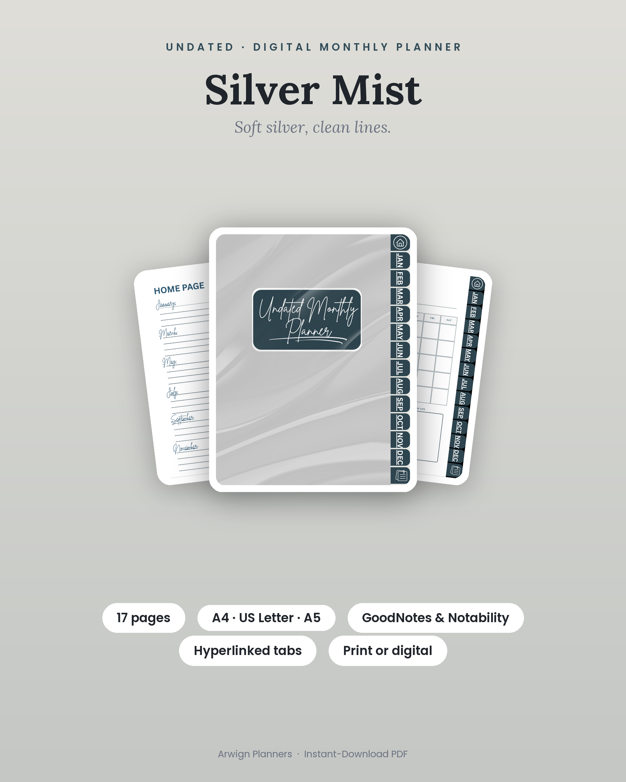 Undated Digital Monthly Planner — Silver Mist — premium digital planner