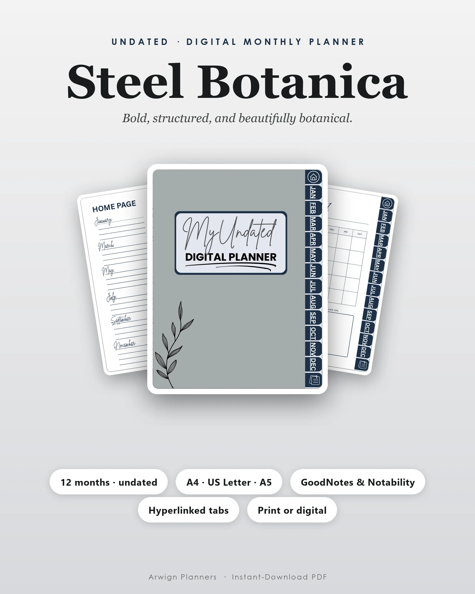 Undated Digital Monthly Planner — Steel Botanica cover