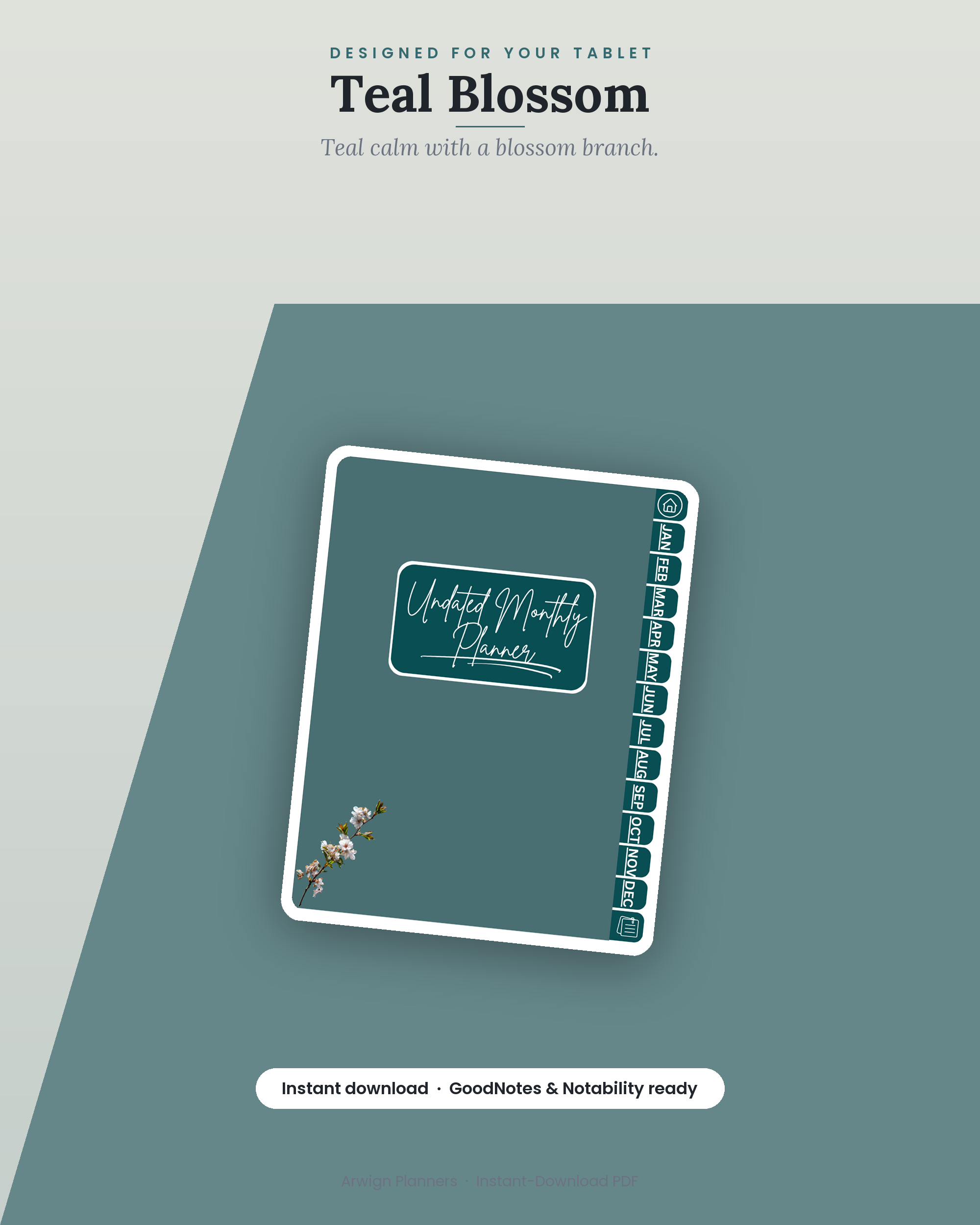Undated Digital Monthly Planner — Teal Blossom — image 4