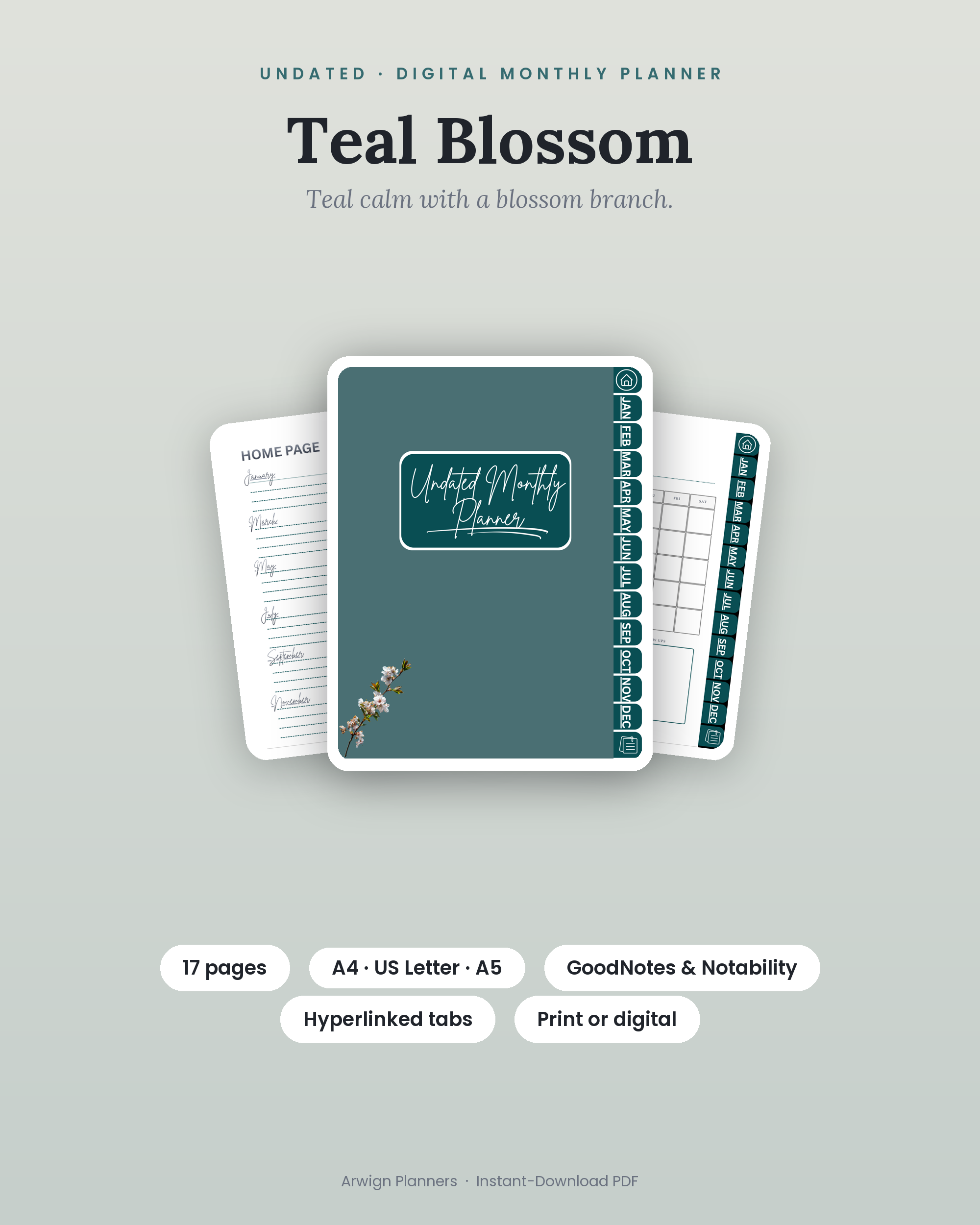 Undated Digital Monthly Planner — Teal Blossom cover